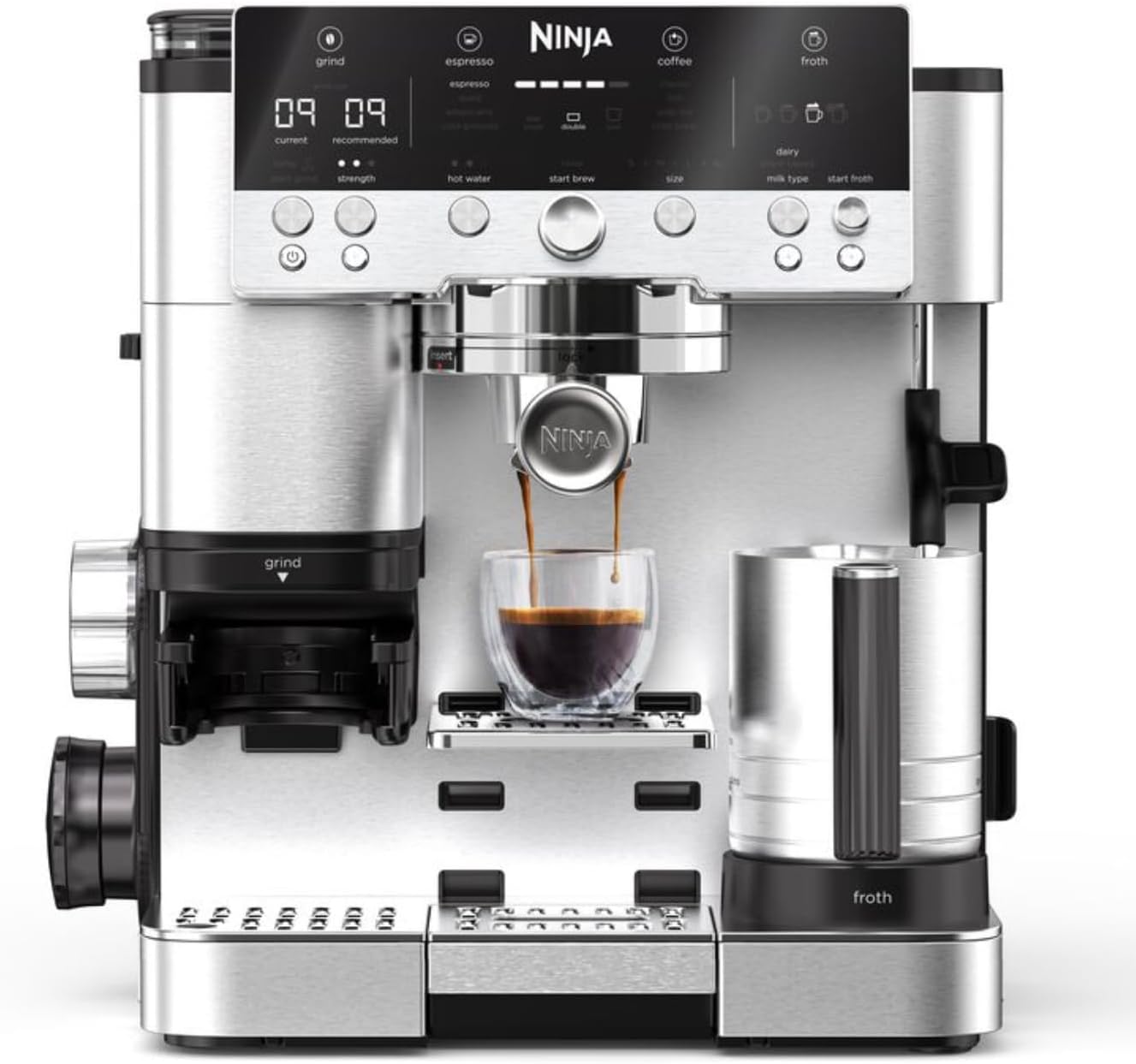 Ninja Luxe Premiere Macchina Caffè 3 in 1, Macchina Latte, Cappuccino, Caffè Freddo, Espresso con Macinacaffè Integrato, Montalatte, Facile da usare, 4 Programmi Automatici Schiuma, Argento, ES601EU