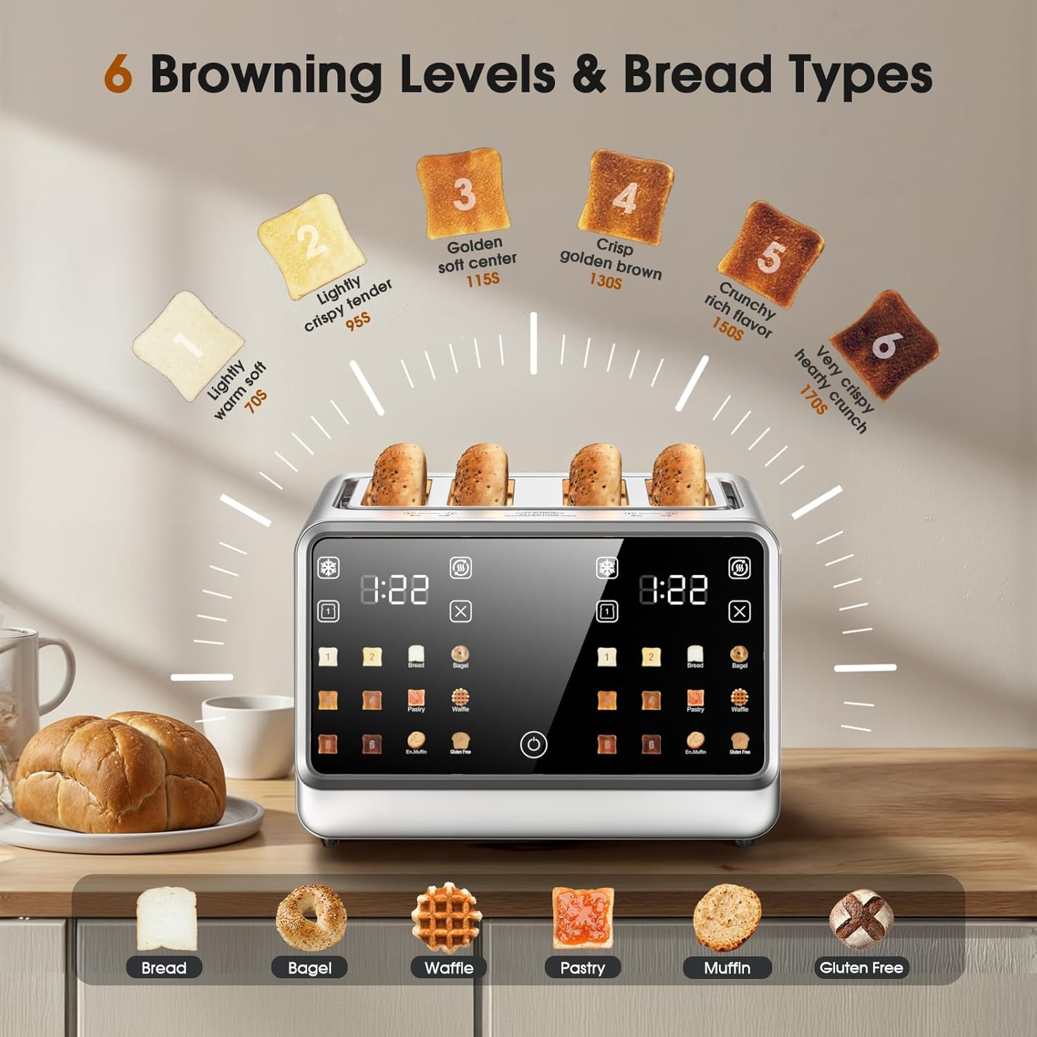 Toaster 4 Slice, Digital Smart Dual Control Touchscreen, Stainless Steel, TAC1001-UL