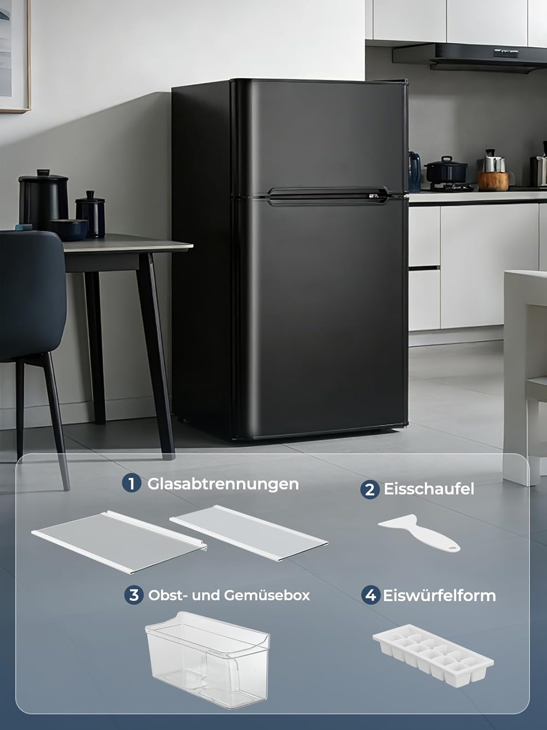 FOHERE Mini Kühlschrank mit Gefrierfach Klein 90L, 26 L Gefrierfach | 64 L Kühlschrank für Schlafzimmer, 7-Stufen Thermostat, Energieeffizien, 43 dB mit 2 Wechselbare Tür, für Wohnheime, Wohnungen