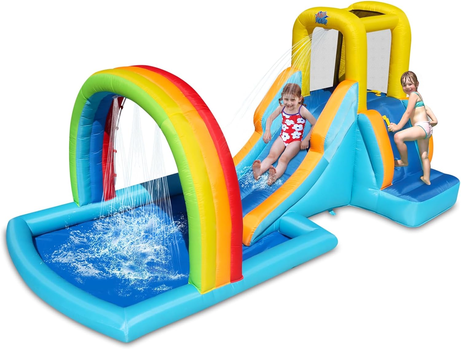 Action Air Kids Inflatable Water Slide & Bounce House with Rainbow Splash Pool, Ages 3 10, Easy Setup