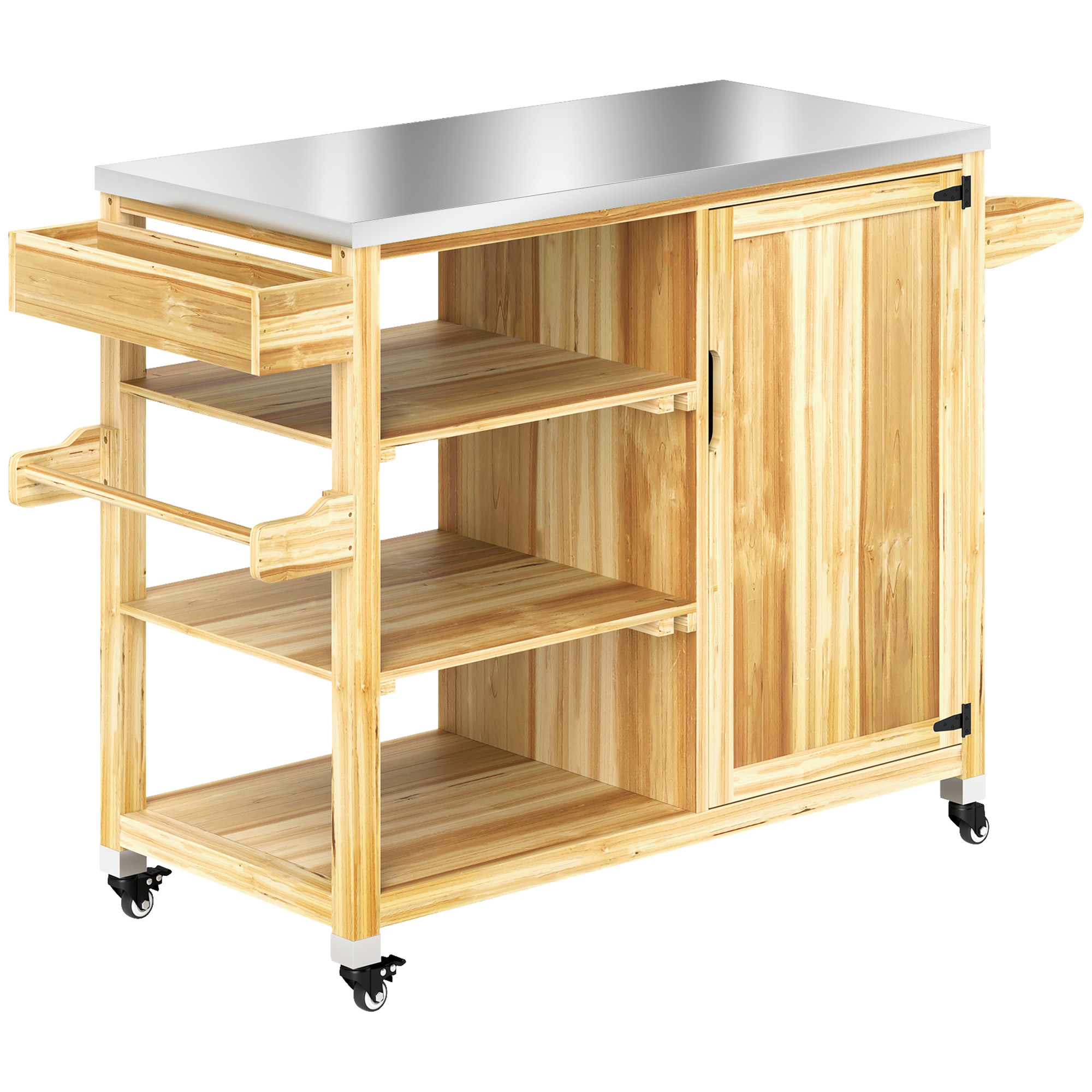 Outsunny Outdoor-Kücheninsel, Grillwagen mit Schrank und Regalen, Küchenwagen aus Holz und Edelstahl, mit Rollen, Naturholz
