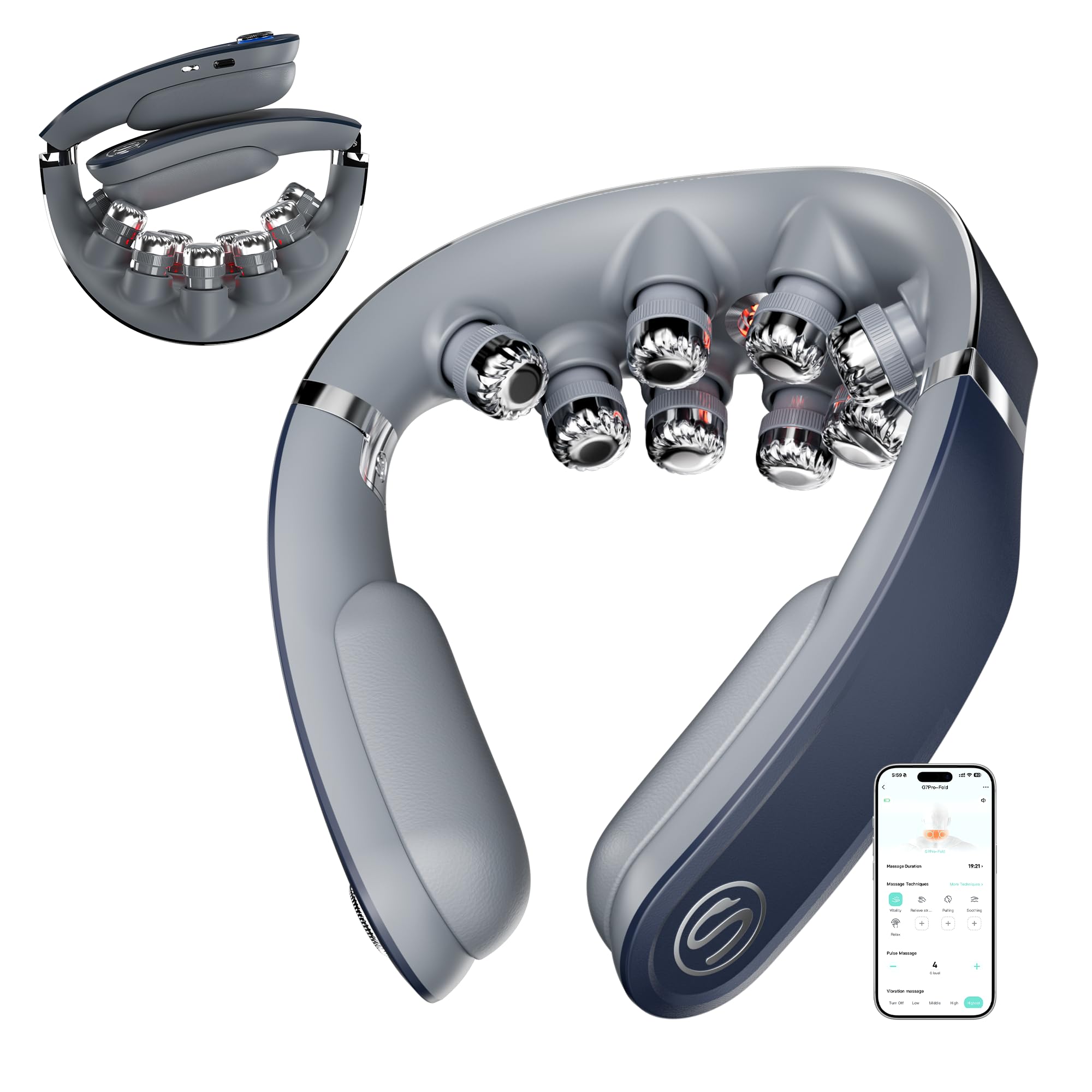 Faltbares Nackenmassagegerät G7 Pro Fold mit Wärme, 9 Vibrationsköpfe, kabellos, 2400-mAh-Akku, grau