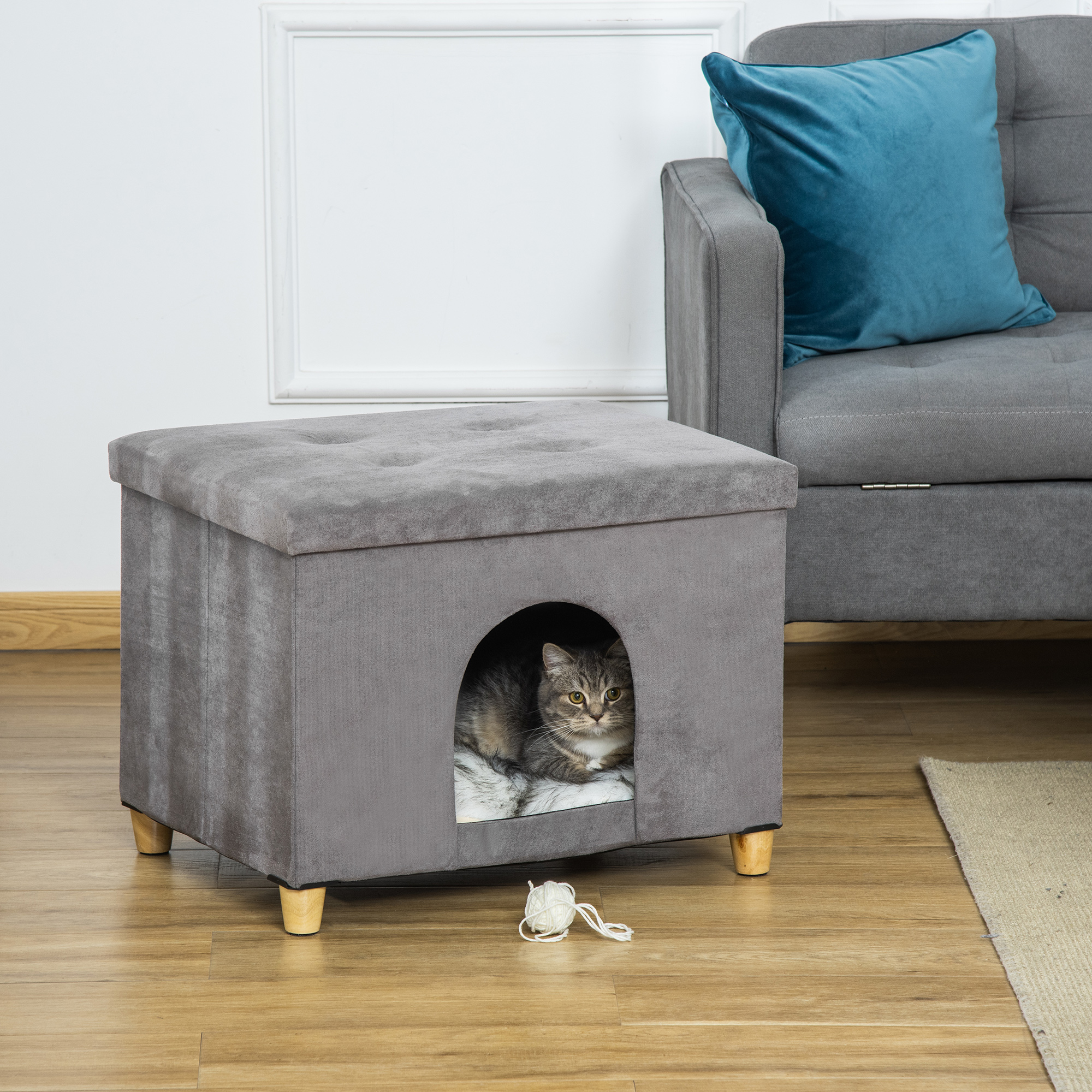 PawHut 2-IN-1 Katzenhöhle Fußhocker mit Kissen Holzbeine Katzenhaus Katzenkorb weich gepolstert Ottomane elegantes Design abnehmbar MDF Plüsch Grau 60 x 45 x 44,5 cm