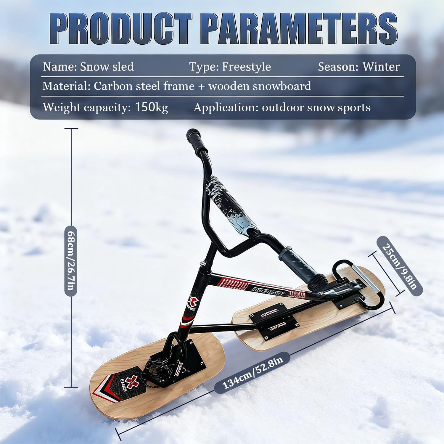 Schneeschlitten Für Erwachsene, All-Terrain-Snowboards, Doppelboard-Design, Mit 360° Drehbarem Hinterski, Dreifach Verstärkt, 150 Kg Tragfähigkeit, Für Snowparks Black