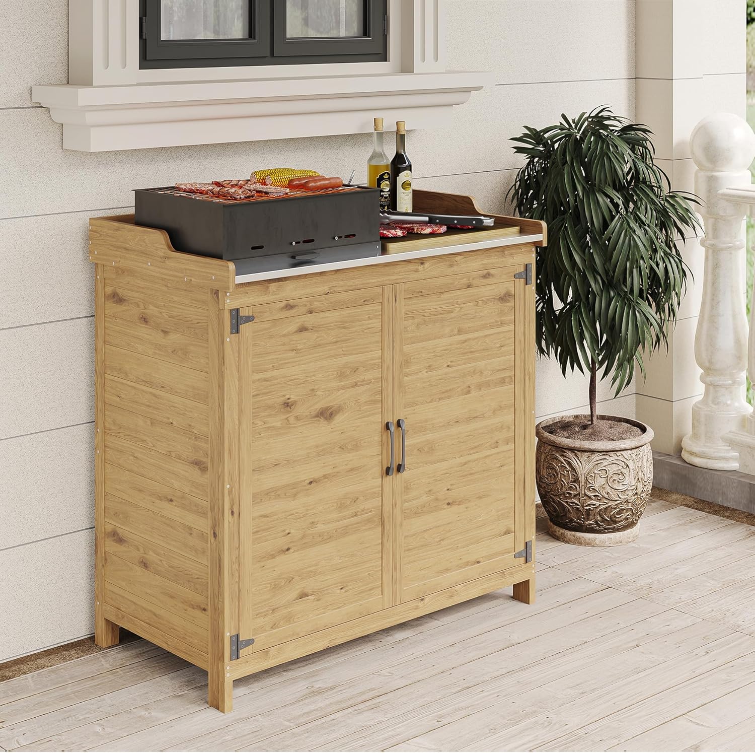 Bealife Tavolo per Piante con Mobile Base, Armadietto da Esterno in Legno,Mobiletto da Giardino con Piano di Lavoro con 1 Ripiano Mobile per Uso Interno ed Esterno (Naturale, 98x48x95 cm)