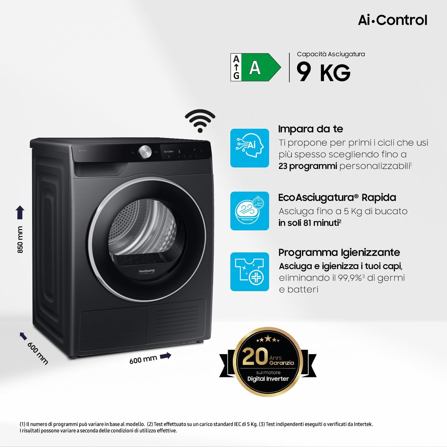 Asciugatrice AI Control DV90DG6845LB/U3, 9 kg, Pompa di Calore, Wifi, QuickDrive, AI Dry, Sensore Optimal Dry, Display AI Control, Carica Frontale, 60L x 85H x 60P cm