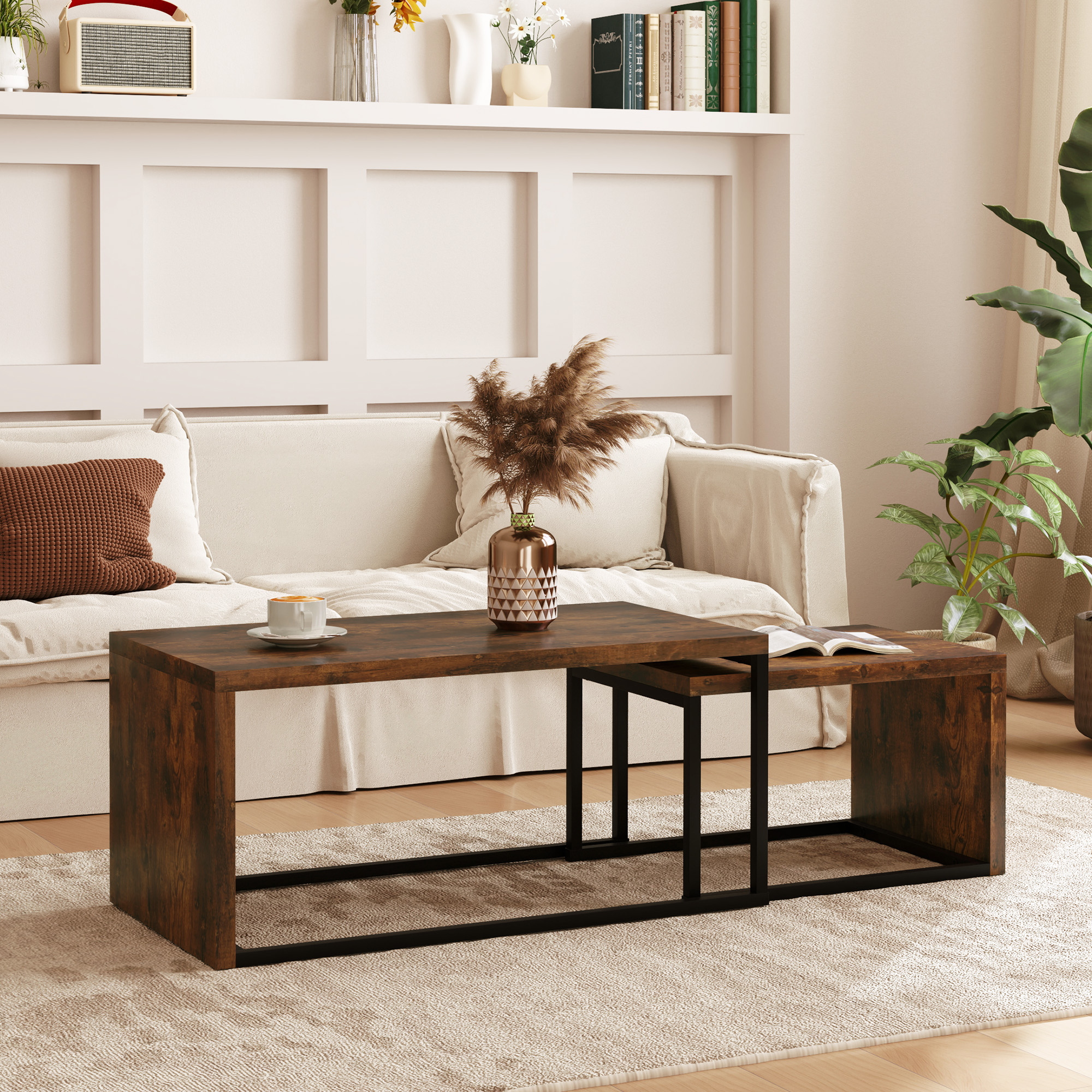 HOMCOM 2er-Set Couchtisch, Sofatisch, Beistelltisch, MDF, Metall, 90 x 48 x 42 cm/59 x 42 x 36 cm, Schwarz+Braun