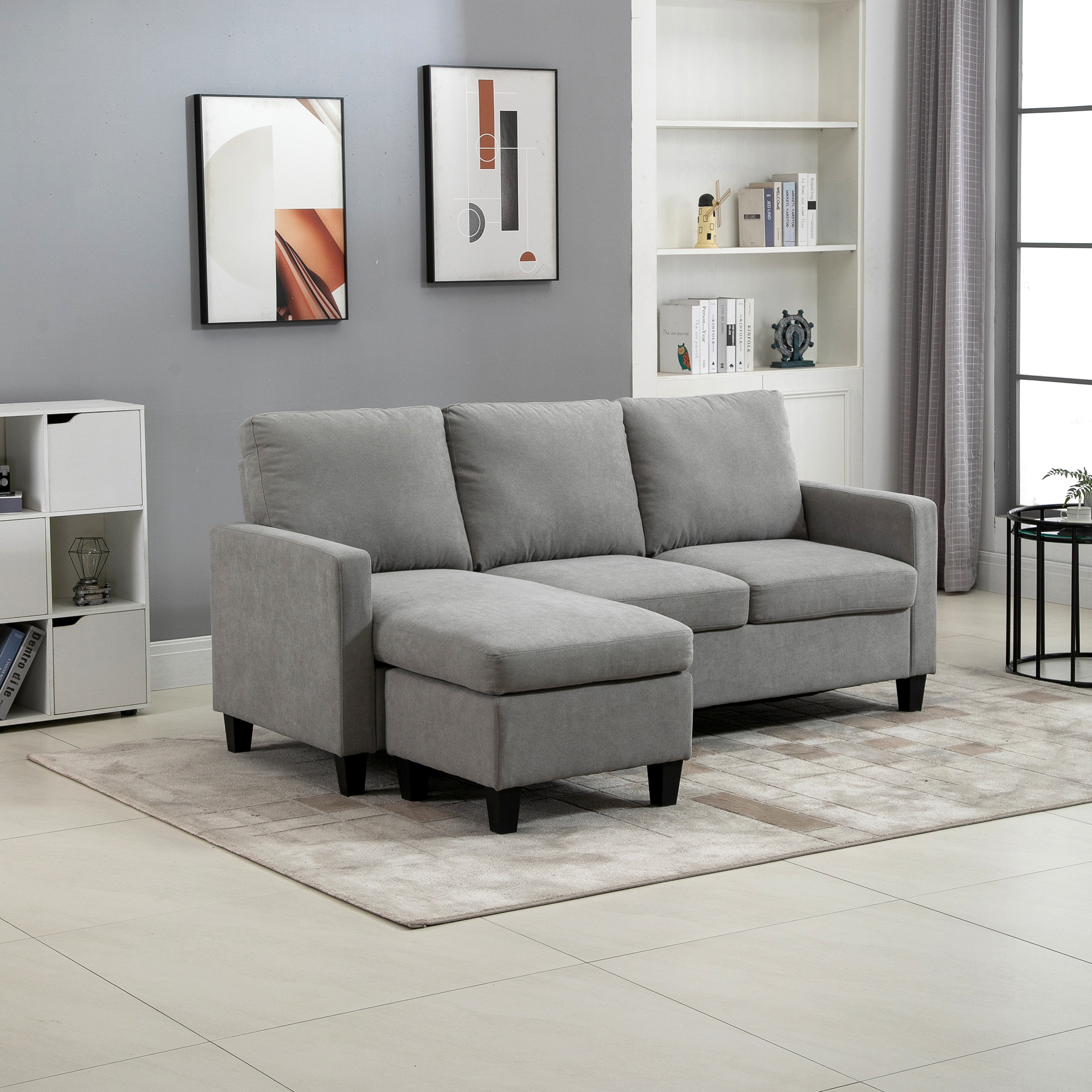 HOMCOM Ecksofa 3-Sitzer mit Wendbare Ottomane links oder rechts für Wohnzimmer, Büro, Wohnung, Polyester 197B x 139T x 91H cm Hellgrau