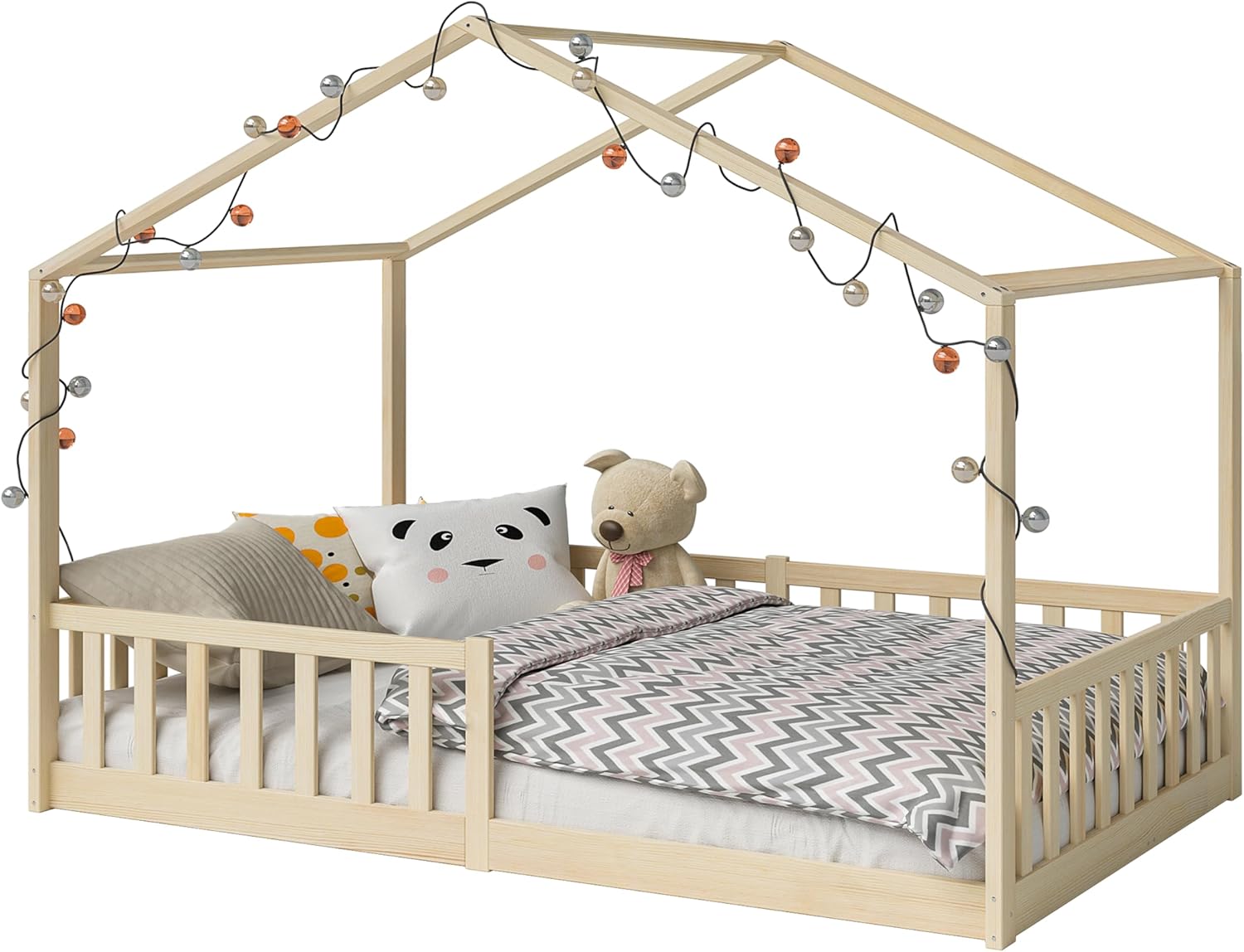 Bellabino Kinderbett Bia 140x200 cm, Hausbett Kinder inkl. Rausfallschutz und Rolllattenrost, Montessori Bodenbett weiß aus Massivholz Kiefer