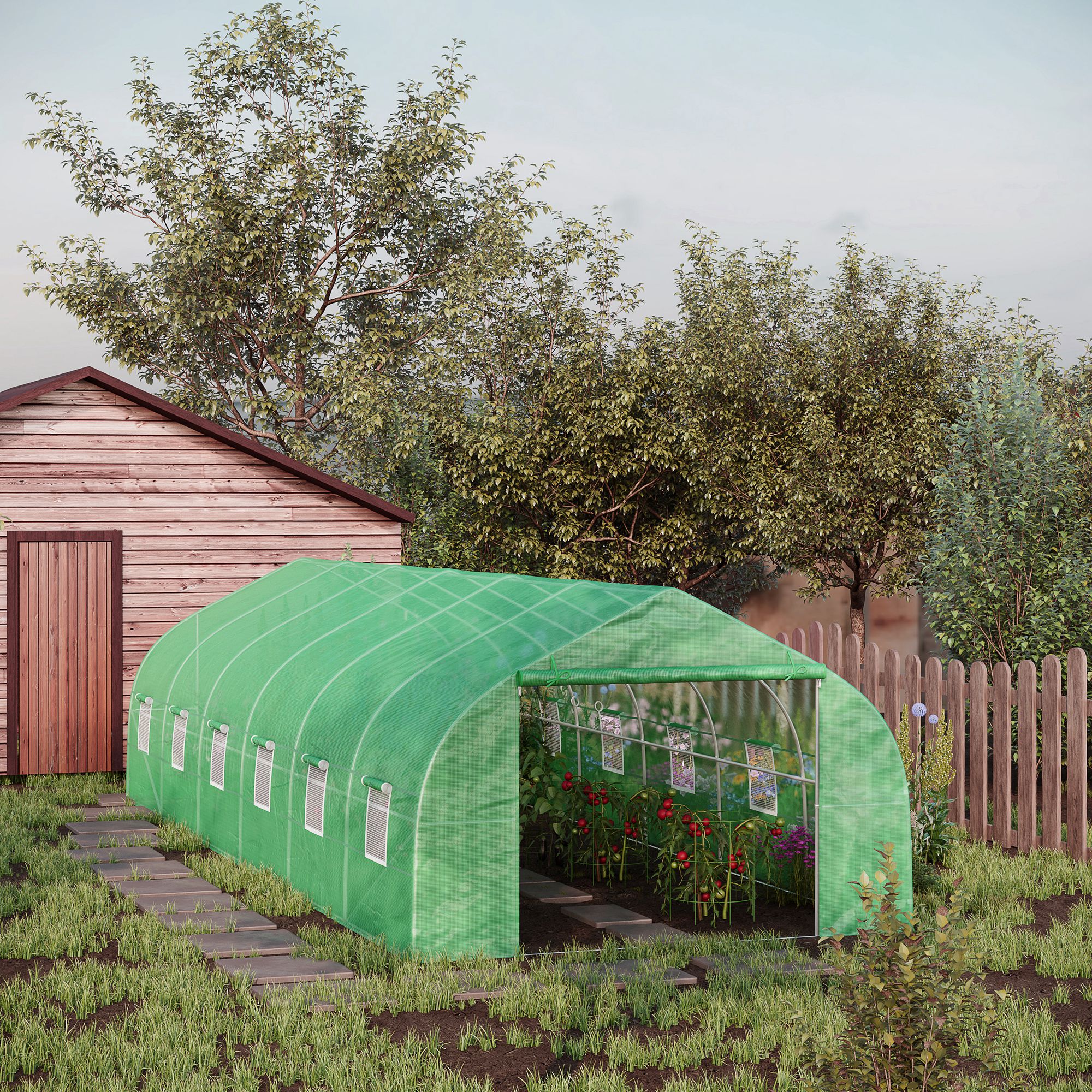 Outsunny Garten Gewächshaus Tunnel große Größe mit PE-Plane Rahmen aus Stahl aufrollbare Tür und 12 Fenster 8 x 3 x 2 m grün