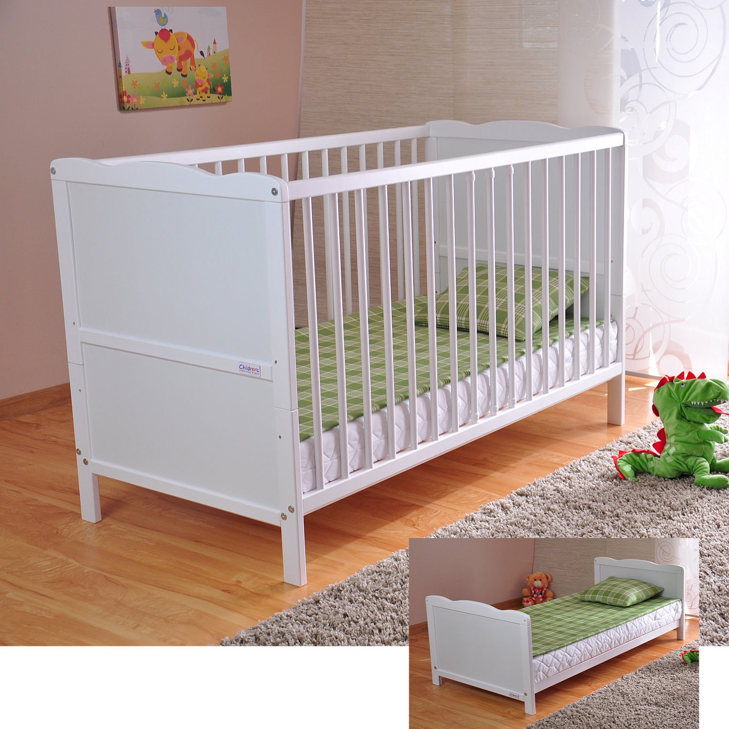 Marsell Baby Gitterbett Aloe Vera Schaummatratze Zahnschienen höhenverstellbar Weiß umbaubar zum Juniorbett