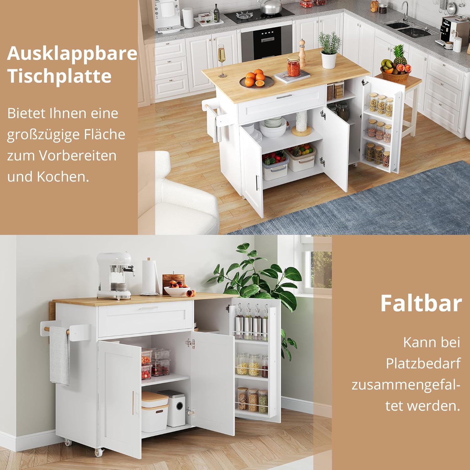Mobiler Küchentisch, Arbeitsplatte Klappbar, Eiche Maserung, Multifunktionaler Schrank, Gewürzregal, Handtuchhalter, 5 Rollen, Weiß Geeignet für Küche/Essen/Haus