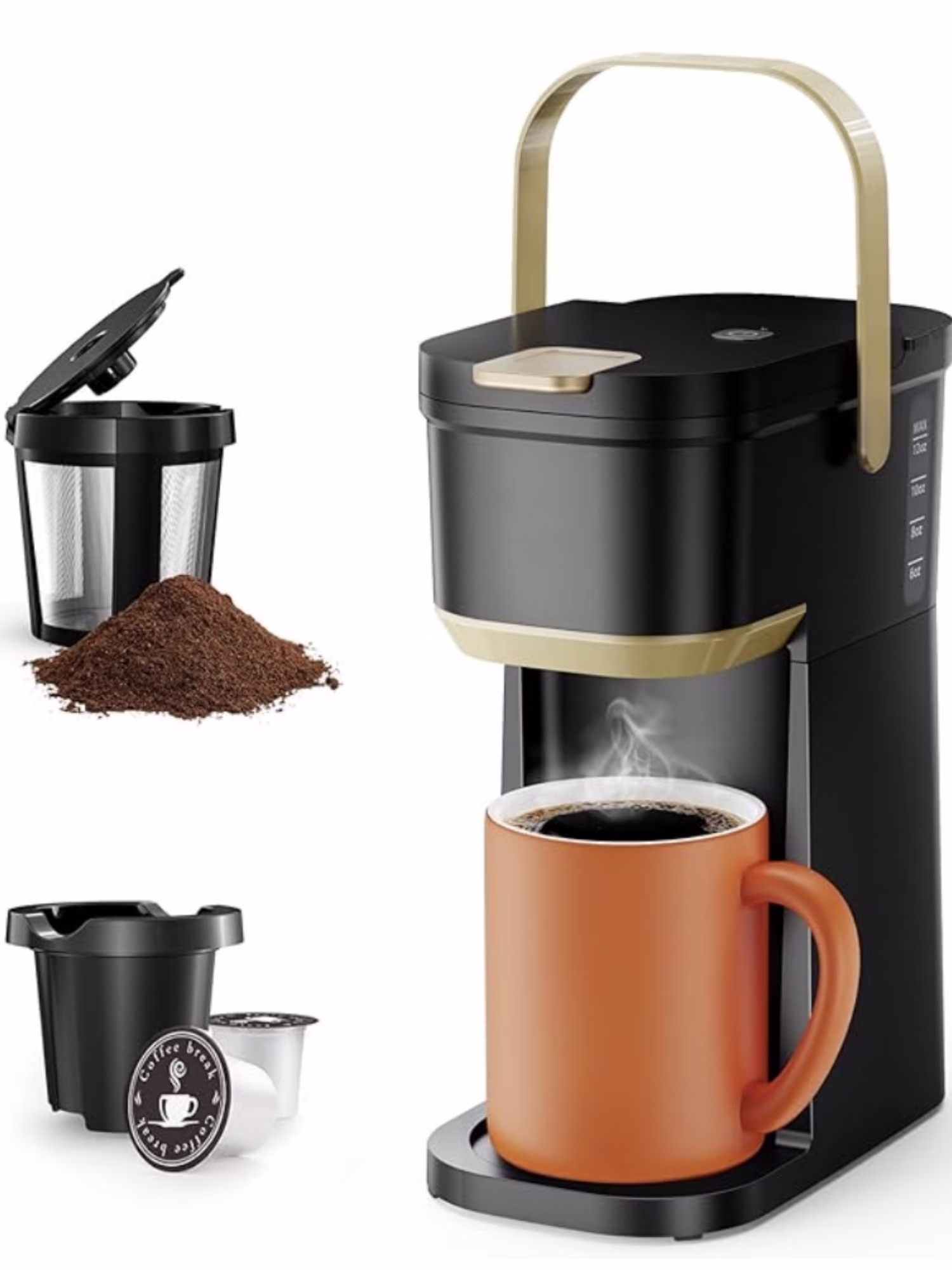 Single Serve One Cup Coffee Maker, for K Cups and Grounds, Mini Coffee Maker with Portable Handle, 6 to 12 Oz Brew Size, for Travel, Camping, Office, RV and Dorm, Black and Gold