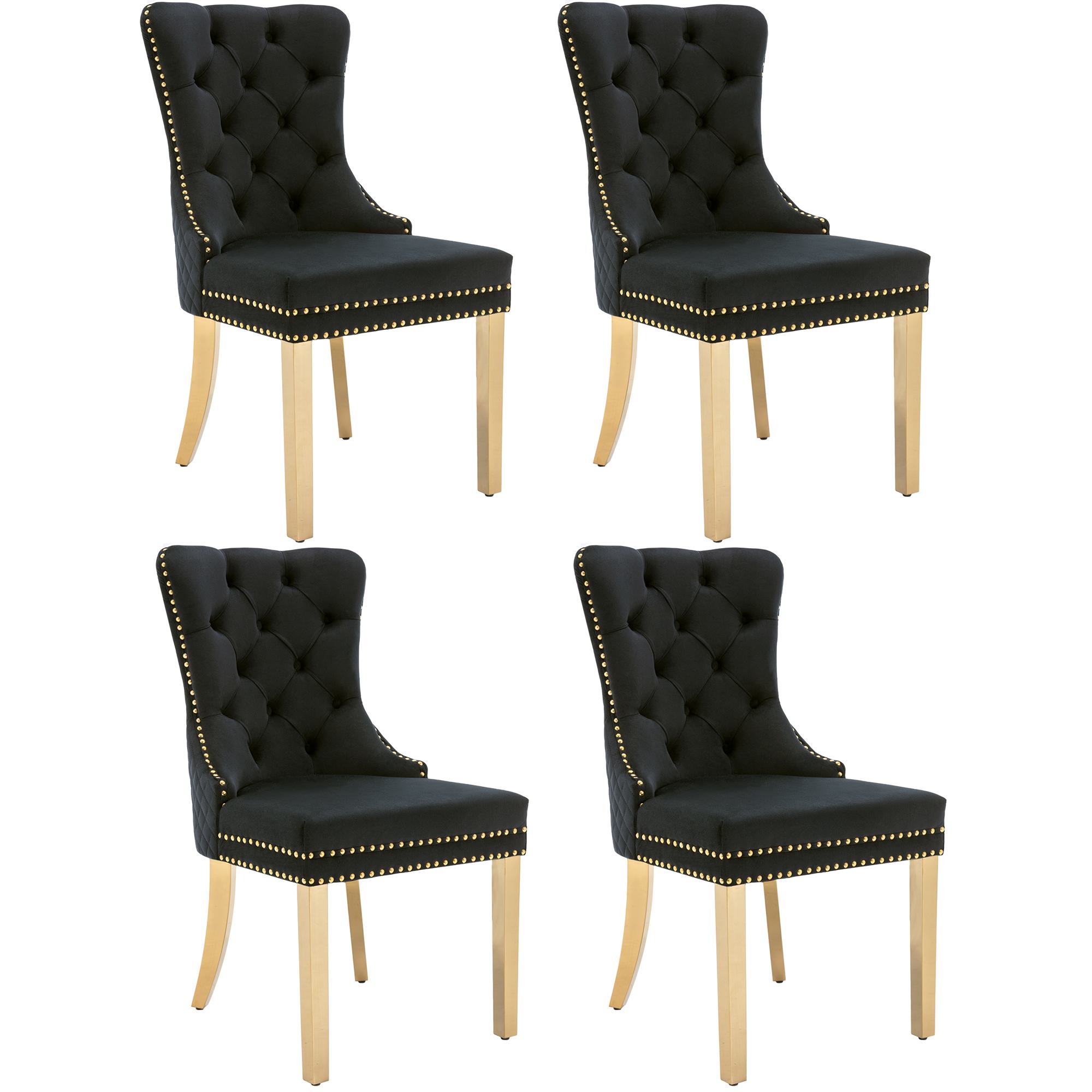 Set aus 4 Esszimmerstuhl mit einzigartigen runden Zugringen, Polsterstuhl mit Nagelkopfbesatz, 51,5×65,5×95 cm, Schwarz
