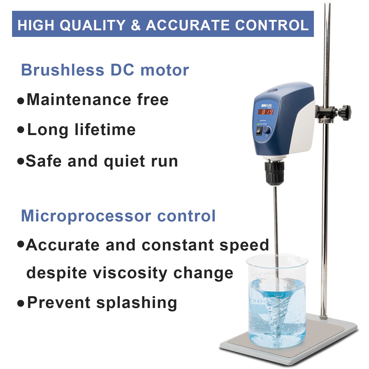 ONiLAB Elektrischer Overhead Rührer, LED Digital Overhead Rührer Mixer mit Rührstab, 20L,10000 mPas, 50~2200RPM, Aluminiumlegierung (Stand enthalten)