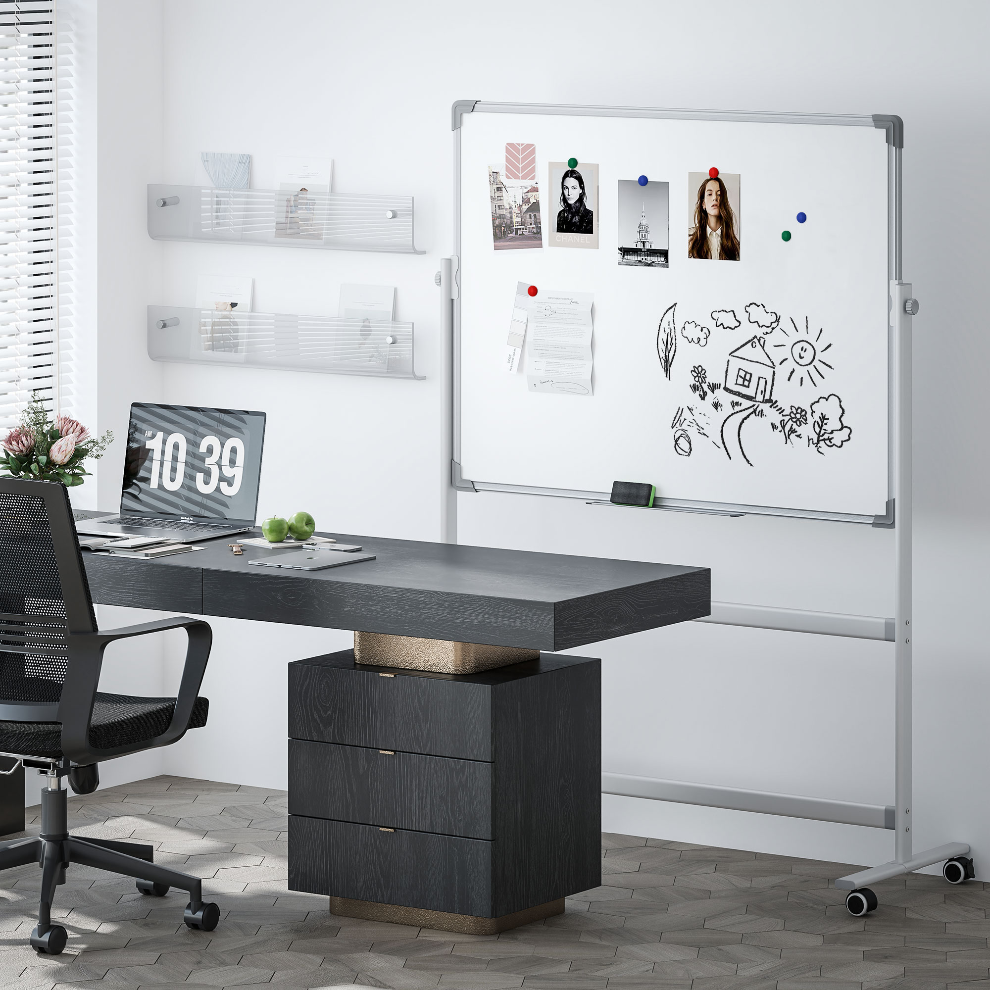 Magnetisch Whiteboard, 120 x 90 cm, Draaibaar, Mobiel, Incl. Markers & Wisser, Metalen Frame, Wit