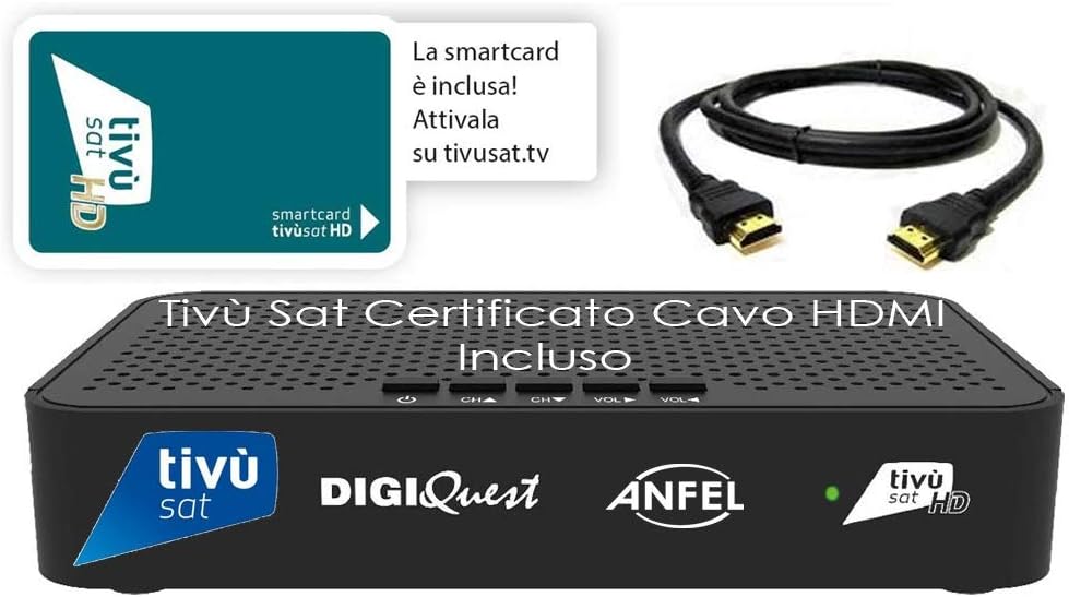 Ricevitore satellitare DVB-S2 Tivusat con scheda HD Tivusat inclusa CERTIFICATO DAZN Su Tivùsat MAIN 10 HEVC H265 SCR e DCSS cavo HDMI INCLUSO