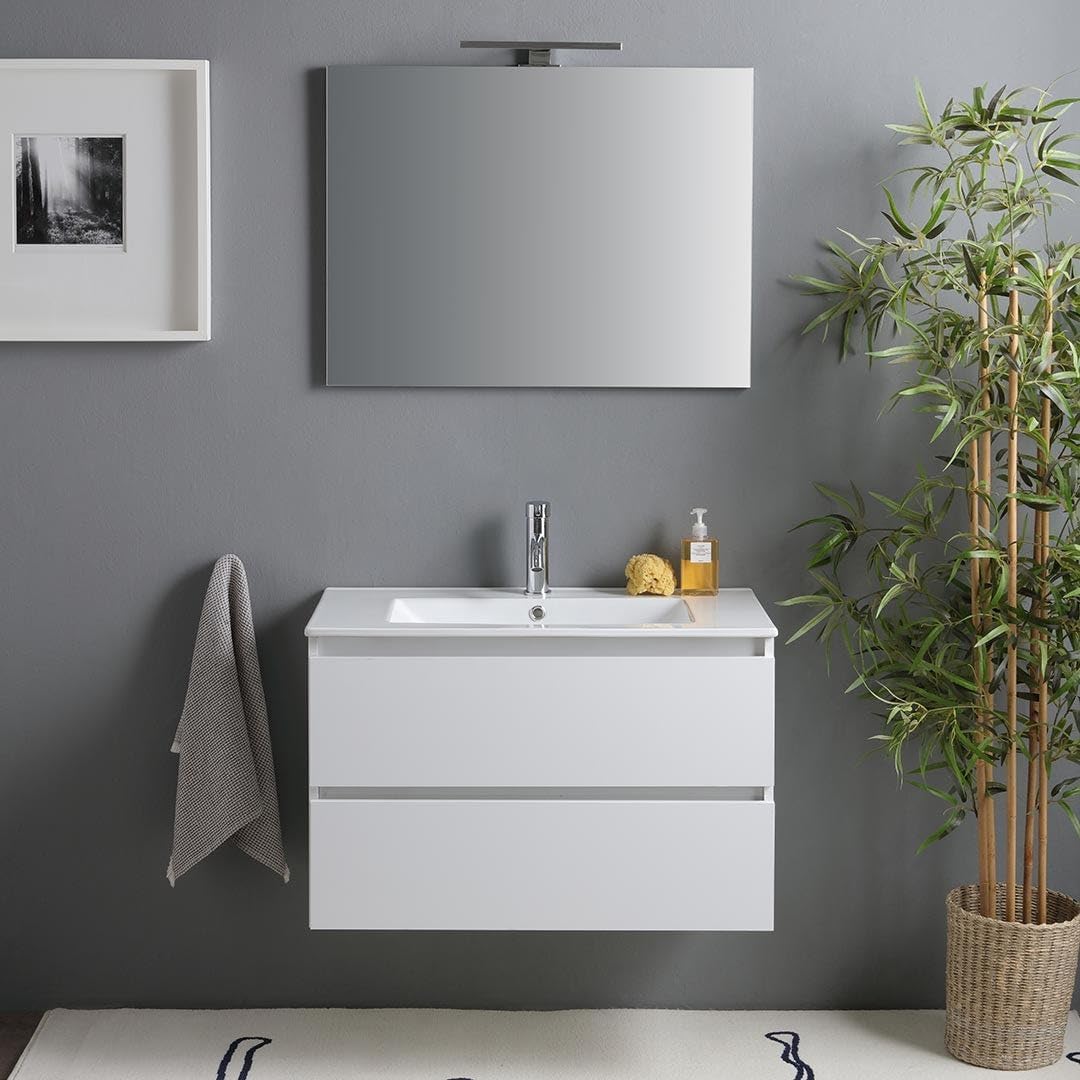 Kiamami Valentina - Mobile bagno sospeso bianco lucido 80 cm 2 cassetti, specchio con lampada | Benaco
