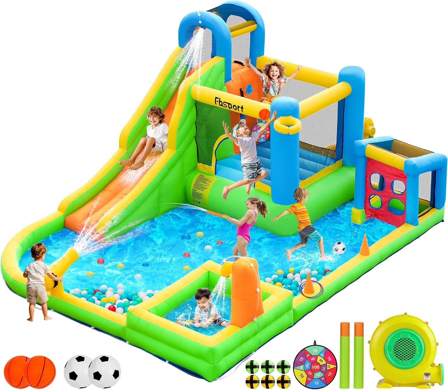 FBSPORT Castello Gonfiabile con Ventilatore 480 x 370 x 210 cm, Scivolo, Trampolino, Piscina, Parete da Arrampicata, Cannone ad Acqua, Basket, Cerchio, Tema Acquatico per Bambini 3-12 Anni