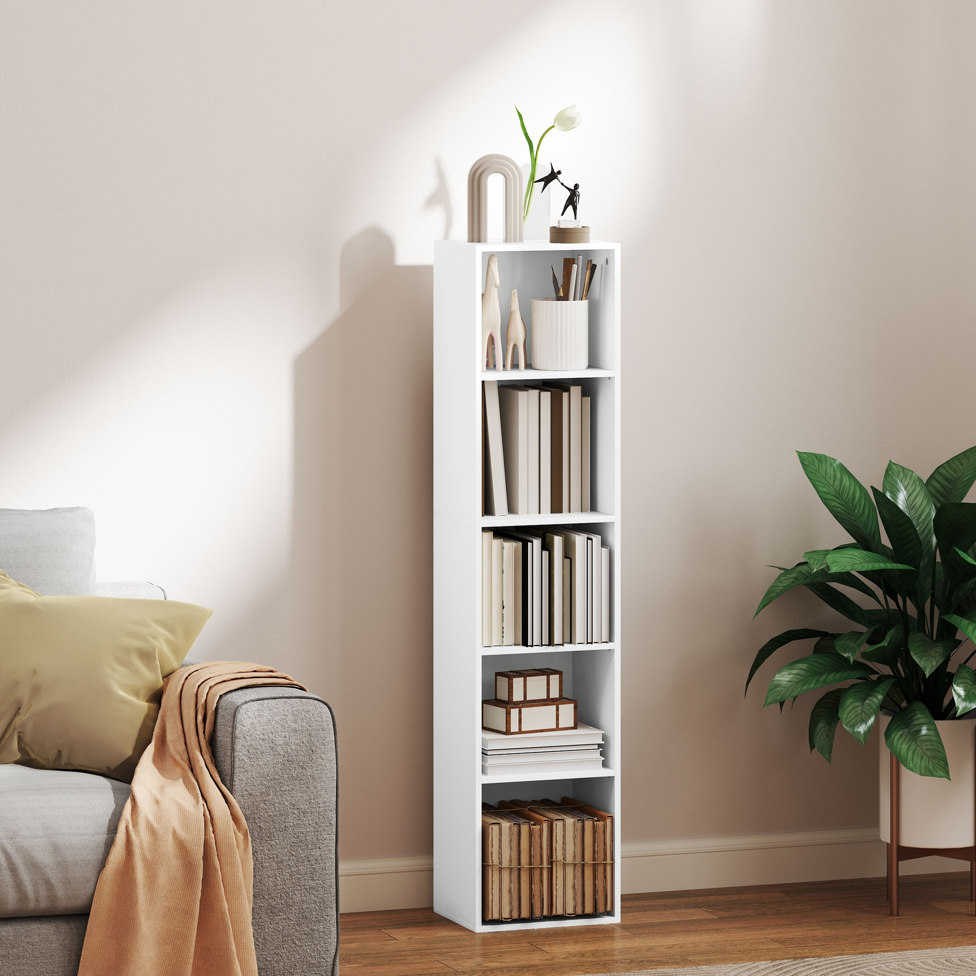 HOMCOM Bücherregal Aufbewahrungsregal 5 Ebenen mit verstellbaren Regalen für Wohnzimmer, Schlafzimmer, Büro, 30x24x133,5cm, weiß