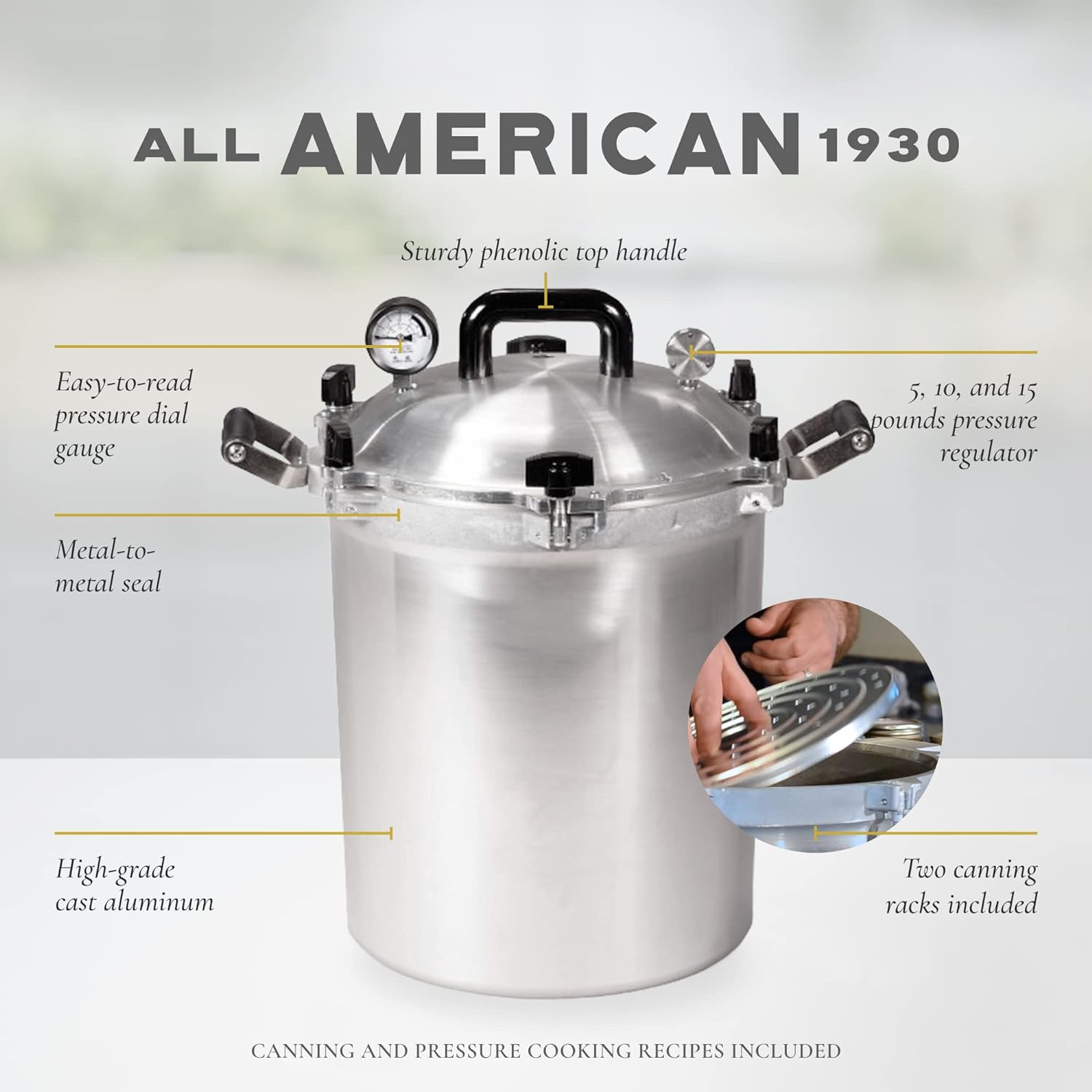 All American 1930: 21.5qt Pressure Cooker/Canner (The 921) &ndash; Exclusive Metal to Metal Sealing System &ndash; Easy to Open & Close &ndash; Suitable for Gas, Electric, or Flat Top Stoves &ndash; Made in the USA