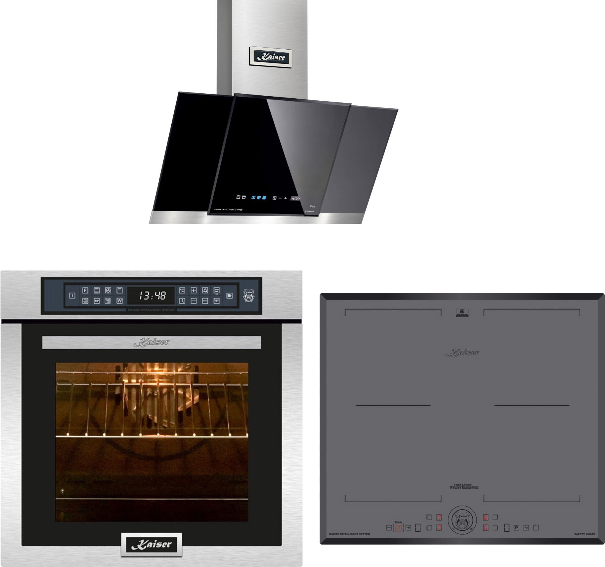 Backofen-Set Herd Set Autark Einbaubackofen,Edelstahl,79L 15 Fkt. mit Induktionskochfeld 60 cm, 4-fach Induktion Herd FREE ZONE mit Dunstabzugshaube 60cm,TouchControl, 910m³/h EH 6306 R + KCT 6730 FIG+AT 6438 F ECO