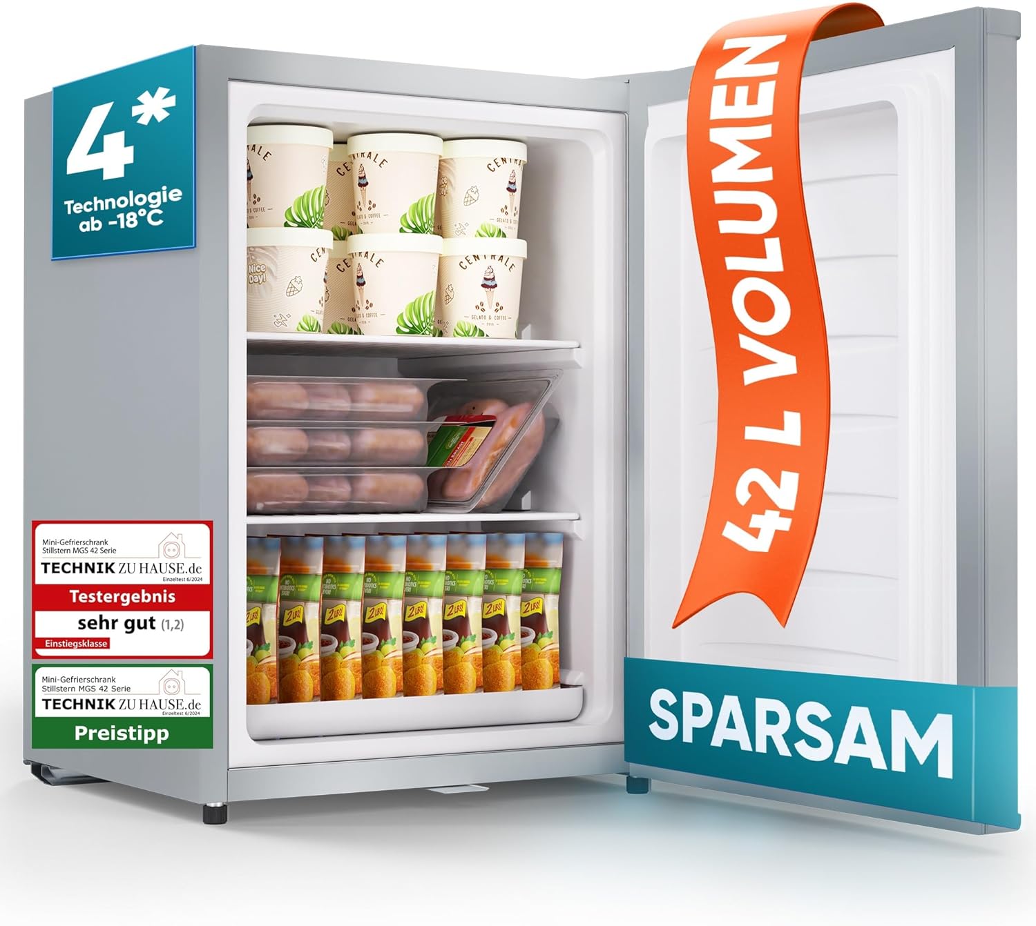 Stillstern Mini Gefrierschrank (42L) -18°C, Eiswürfelschale, Schloss, Türanschlag wechselbar, 4-Sterne Tiefkühlschrank für Camping/Büro Gefriertruhe Klein Gefrierschrank Klein Tiefkühltruhe