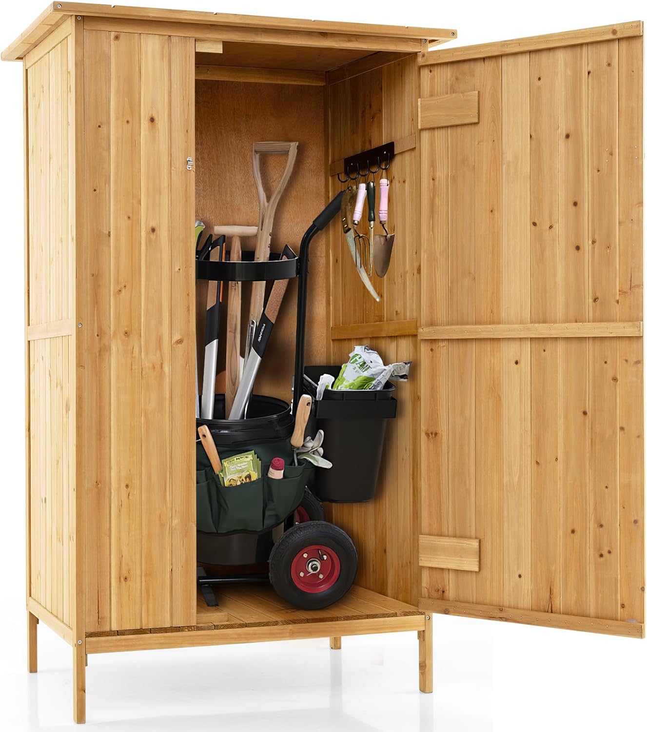 COSTWAY Armadio da Esterno, Casetta Porta Attrezzi da Giardino in Legno di Abete con Tetto in Asfalto, 3 Ripiani, Porta con Serratura e 5 Ganci, Ripostiglio per Balcone e Cortile, 91 × 66 × 150 cm