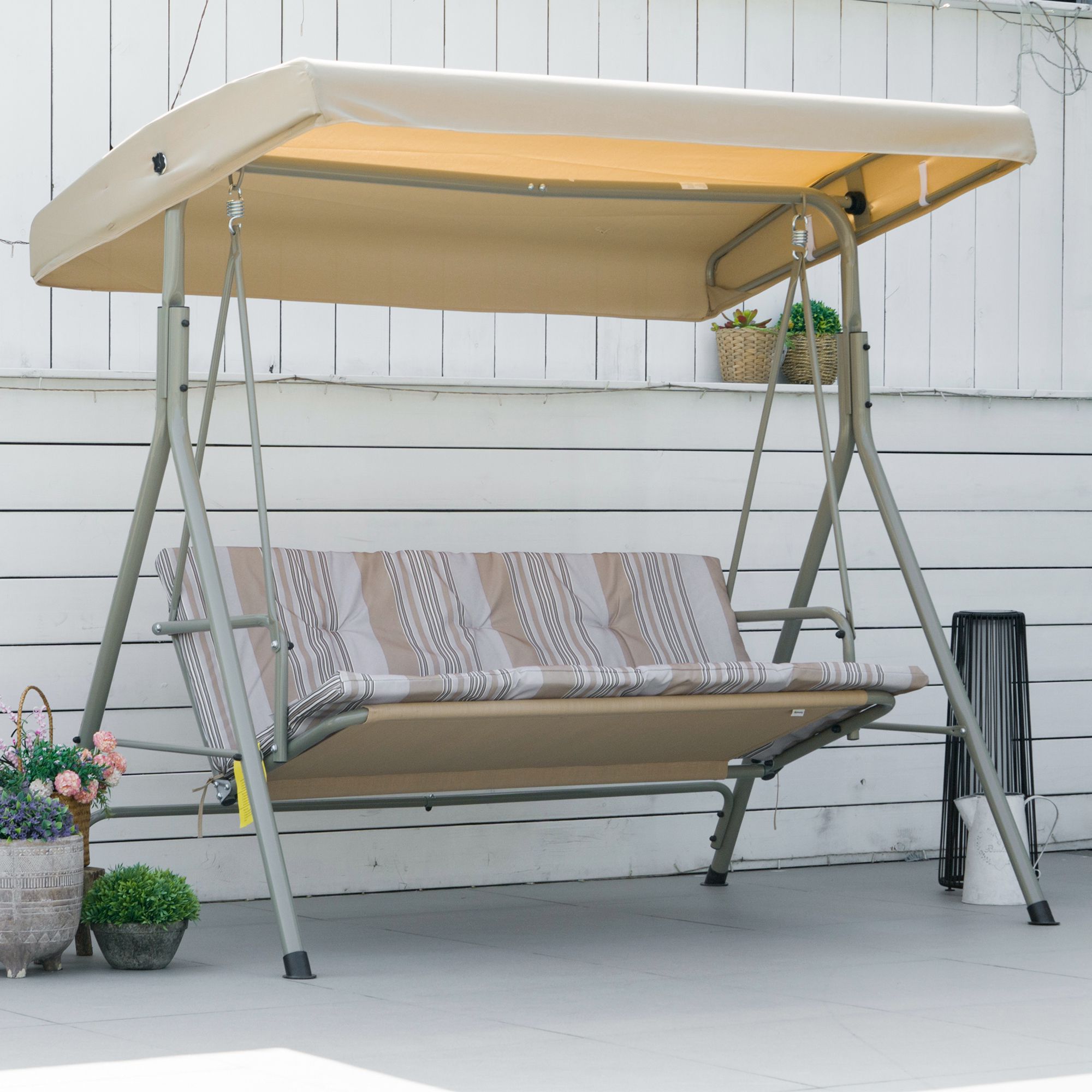 Outsunny Garten-Schaukelbank 3-Sitzer aus Stahl mit verstellbarem Dach, Kissen und Armlehnen, 172x110x156cm