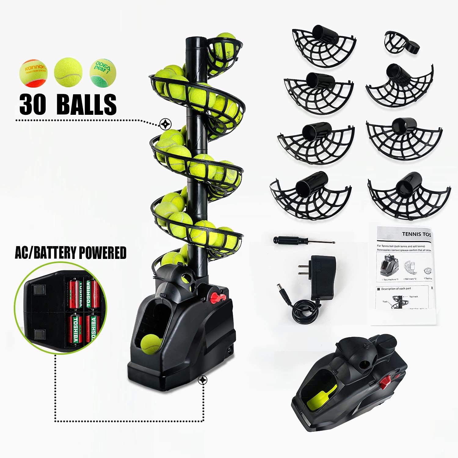 Tennisbälle Maschine(Maximal 30 Bälle),Tennisball Trainer für selbsttraining,Anfänger/Kinder/Lehrer/Zuhause/Gericht,genaue effiziente Ballwurfmaschinen für alle Stufen/Alter,AC&Batterie&USB-Kabel