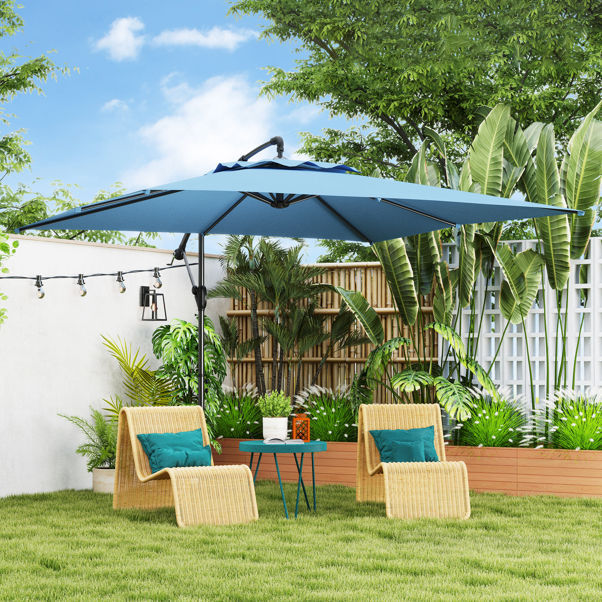 Outsunny Versetzter quadratischer 3 x 3 m Sonnenschirm mit Kurbel, Kreuzständer, neigbar und 360-Grad-Drehung, Polyester 180 g/m² Blau
