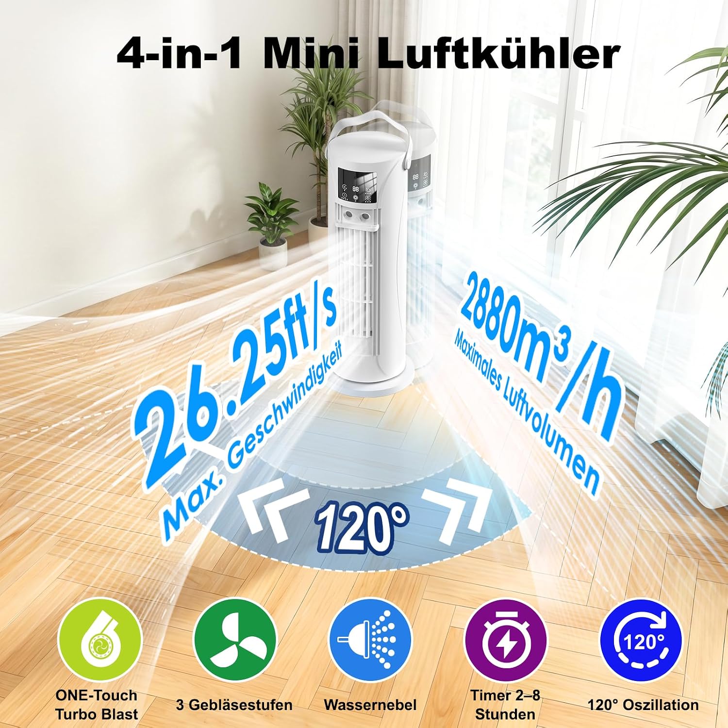 Mobile Klimaanlage – Mini Klimaanlage mit Kühl- und Befeuchtungsfunktion, Wassernebel-Technologie, 4 einstellbare Timer-Stufen, 120° schwenkbarer Luftauslass, für Zuhause, Büro, Schlafzimmer (Weiß)