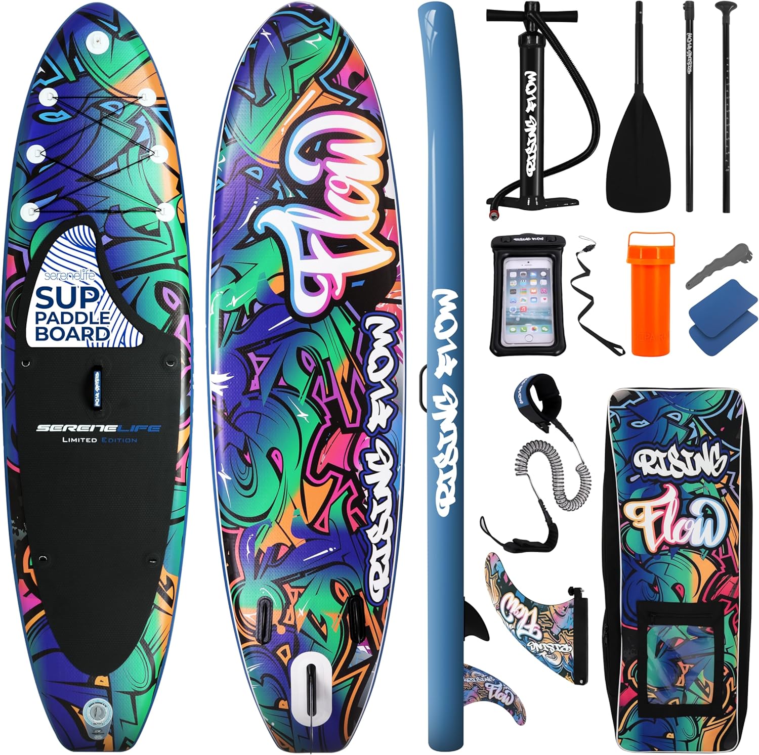 SereneLife Stand up Paddle Board Gonfiabile - Pagaia SUP Antiscivolo, Pompa, Cordino di Sicurezza e Accessori Giovani