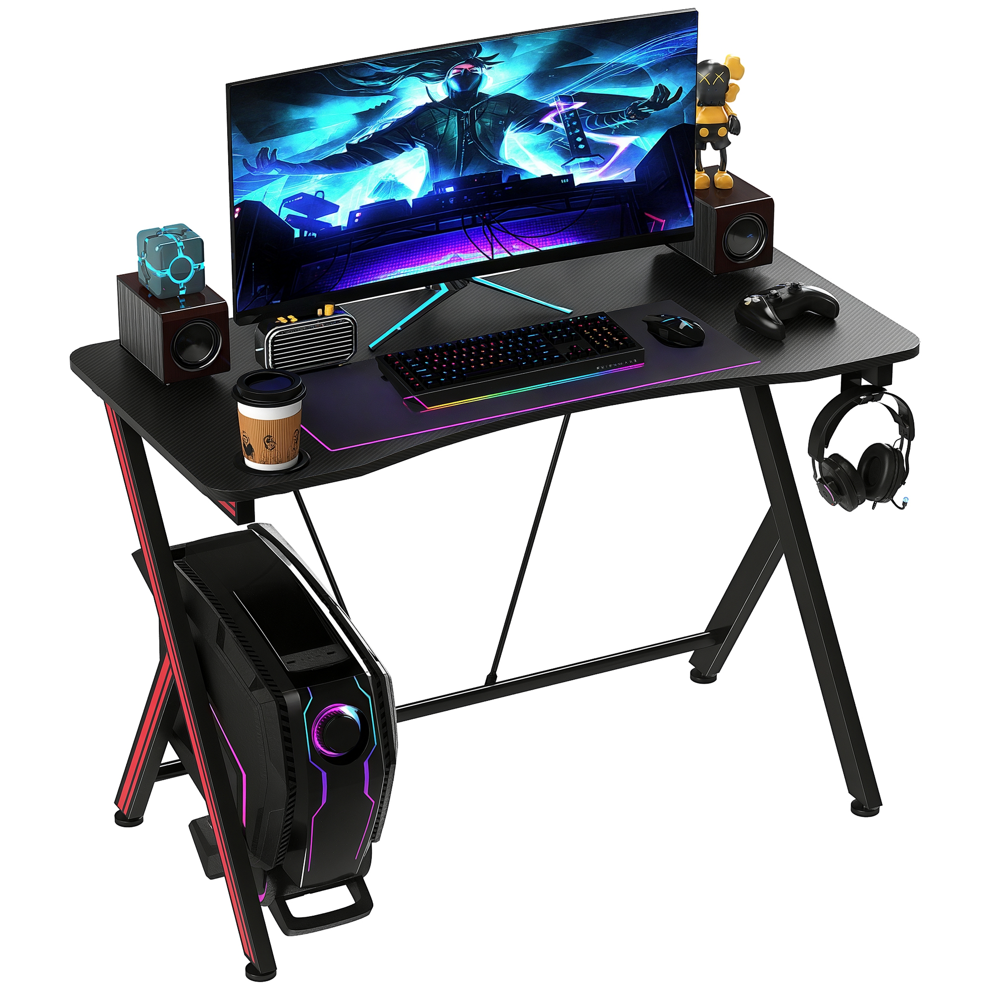 HOMCOM Gaming-Tisch Schreibtisch mit Kopfhörerhaken Getränkehalterung Computertisch Stahl + MDF Schwarz 105 x 55 x 75 cm