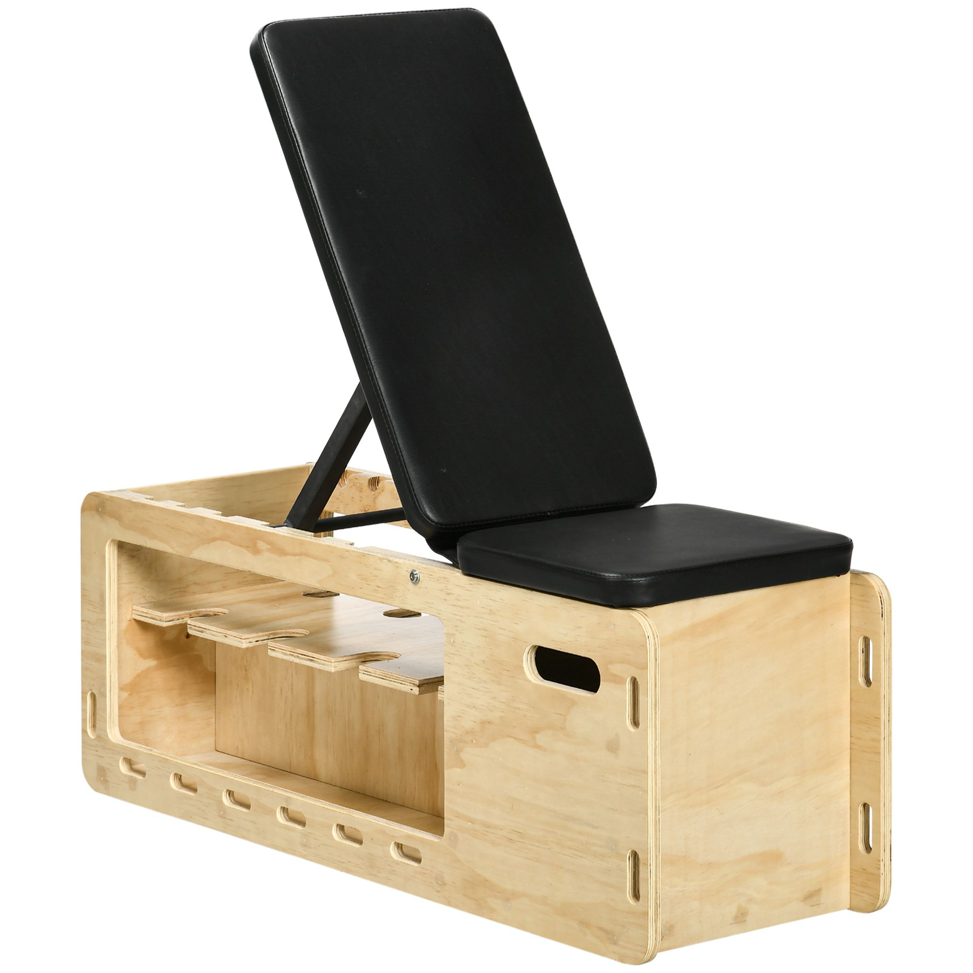 HOMCOM Halterbank met halterrek, 1 opbergmand, verstelbaar in 6 posities, massief hout, naturel + zwart