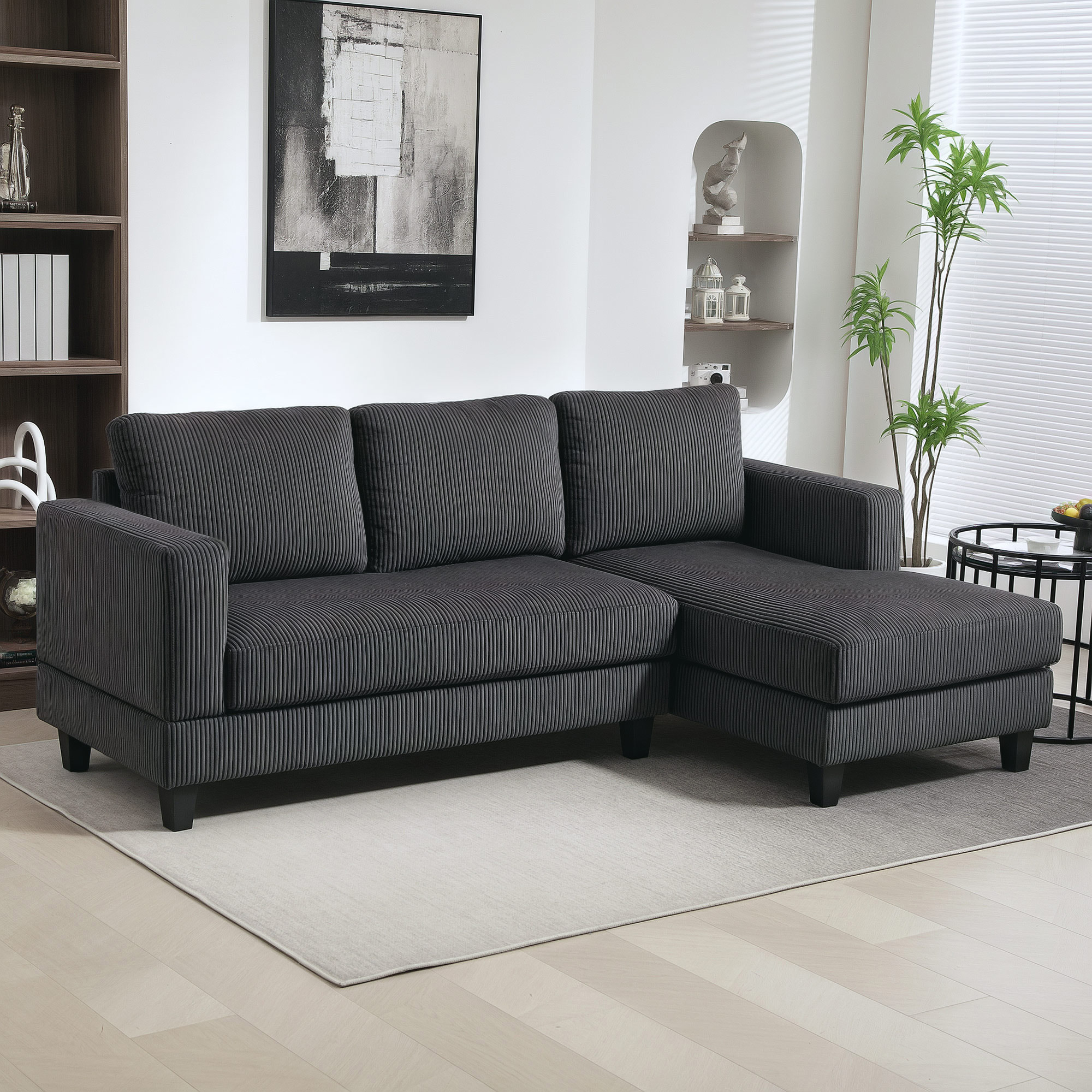 HOMCOM Ecksofa, L-förmiges 3-Sitzer-Sofa mit Chaiselongue, Holzkonstruktion, 8 Beine, Cordstoff, Schaumstoffpolsterung, Grau