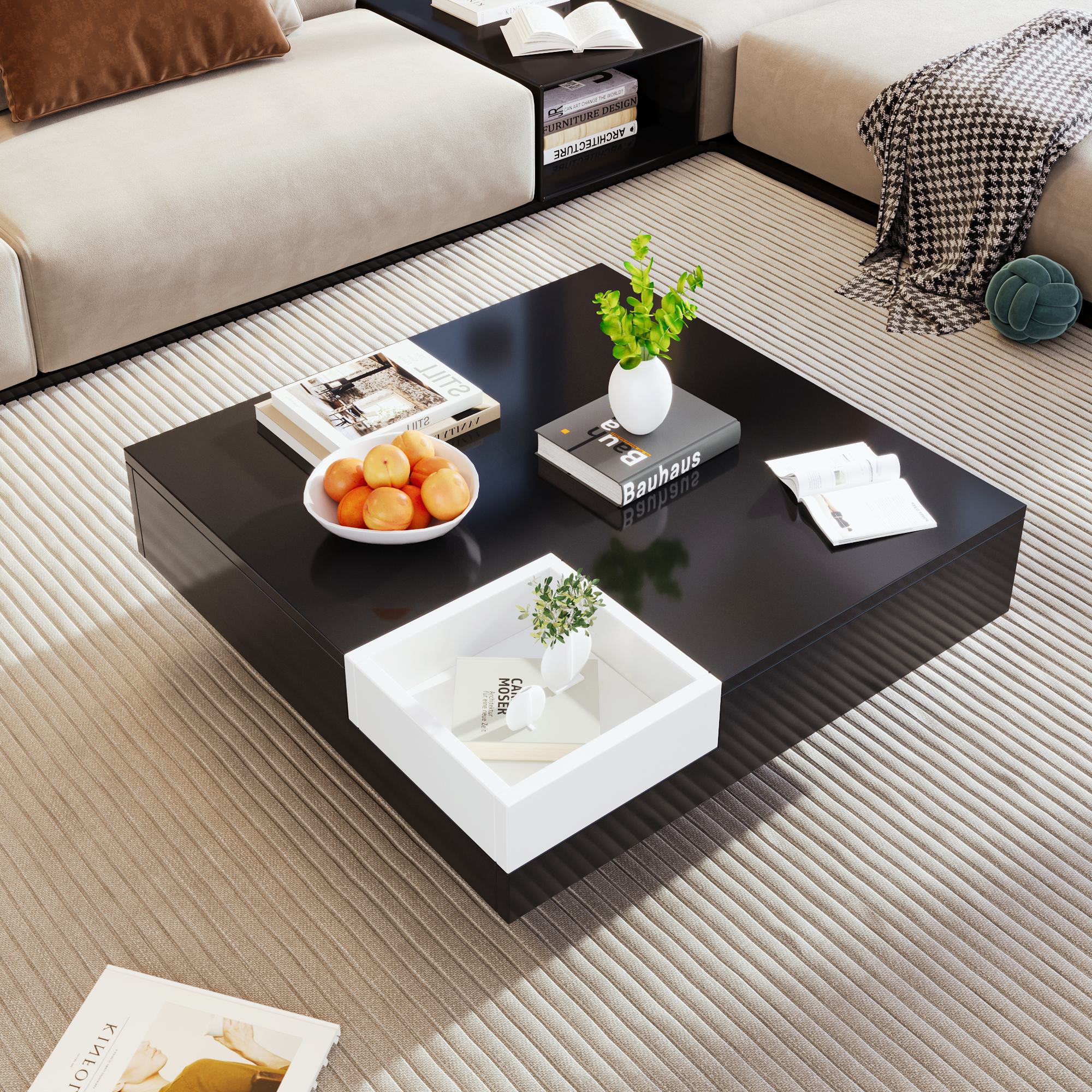 Couchtisch, Hochglanz, Wohnzimmertisch mit abnehmbarer Aufbewahrungsbox und LED-Lichteffekt, 72×72×30 cm, Schwarz
