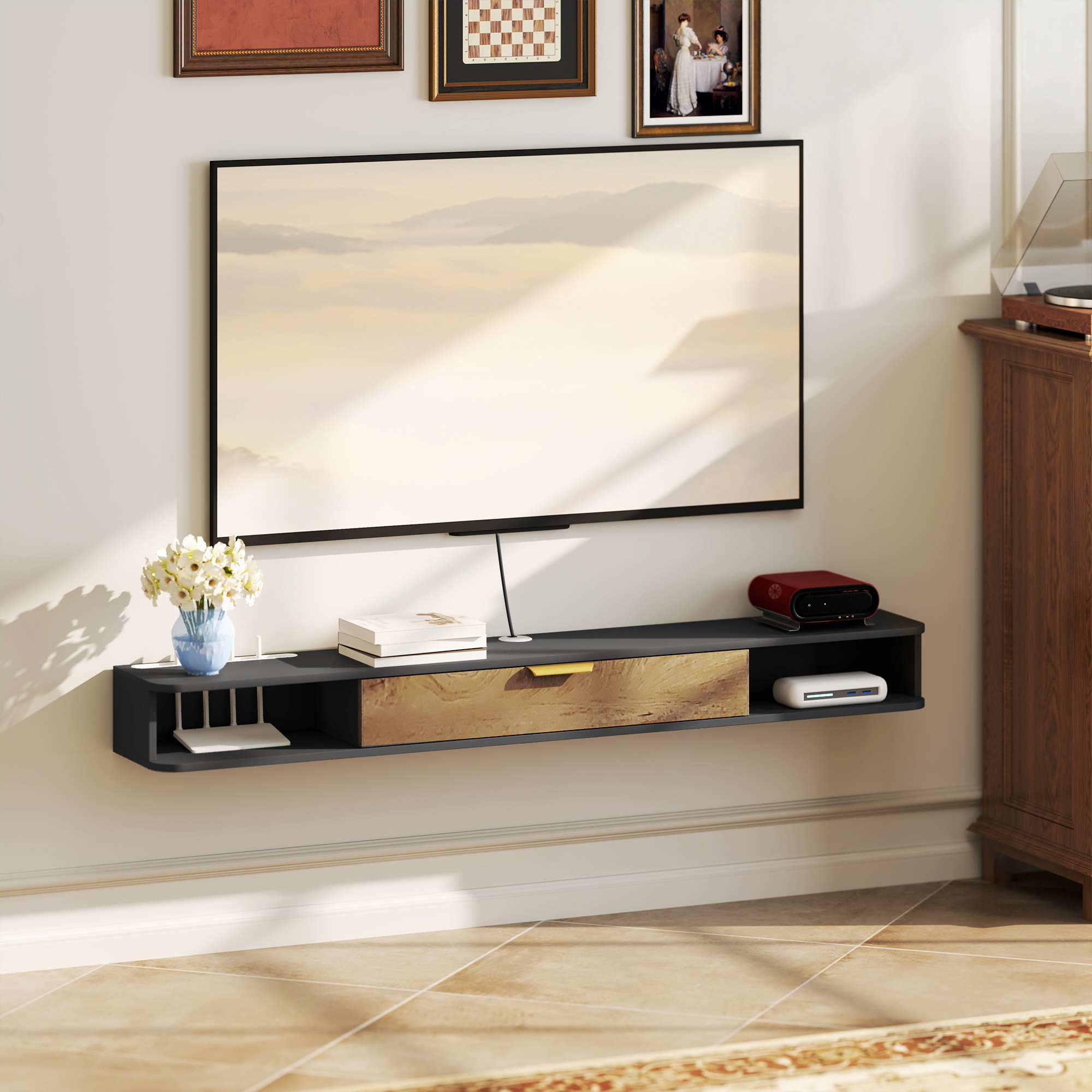 HOMCOM Wand-TV-Möbel mit offenen Fächern, klappbarer Tür und Kabeldurchlässen, 160 x 24 x 16 cm, grau