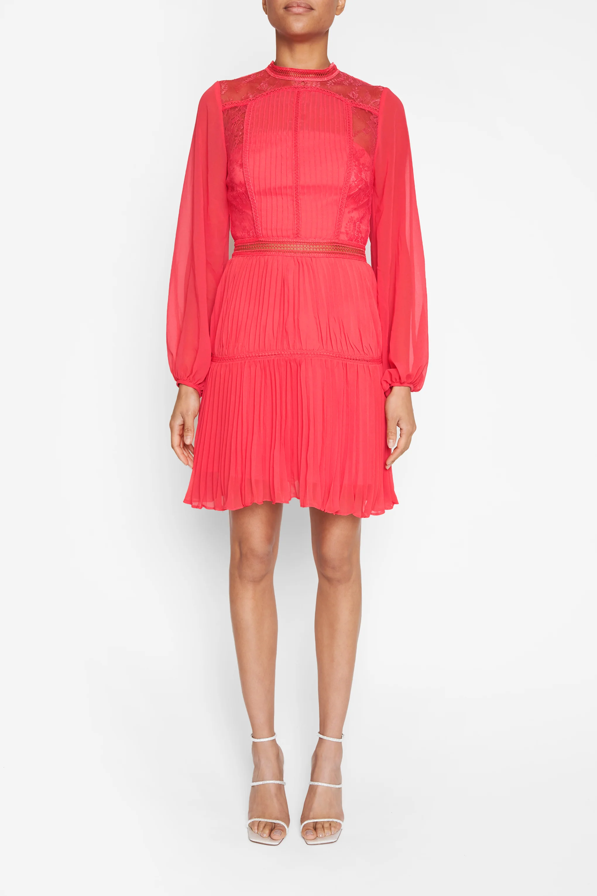 Lena Bright-Rose Lace Pleated Mini Dress