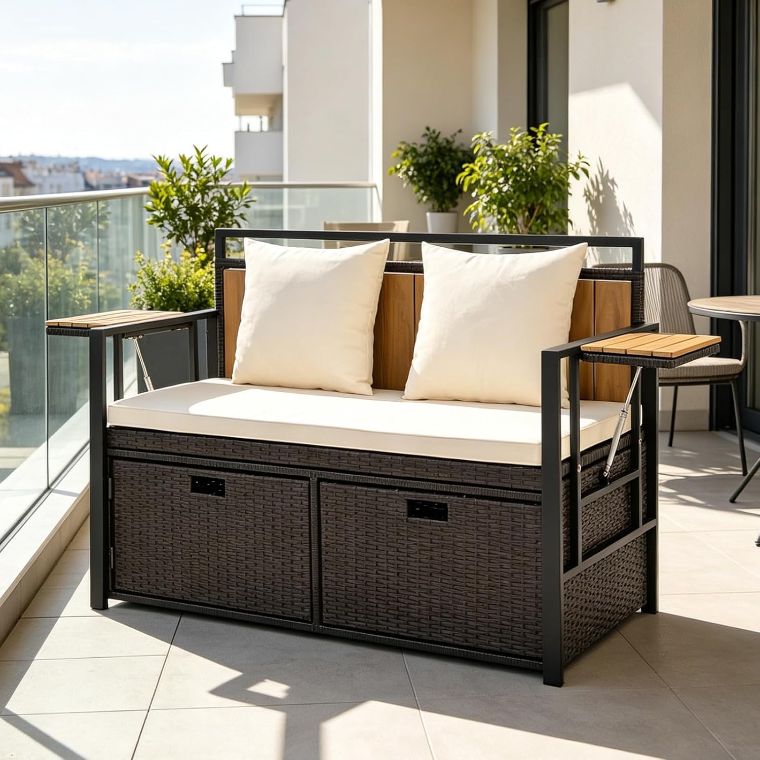 SOARS Divano da Giardino 2 Posti, Panchina da Esterno in Rattan PE con Contenitore, Cuscini Imbottiti e Tavolini Pieghevoli, Salotto da Giardino per Balcone e Terrazza, 120 x 51 x 82 cm (Bianco)
