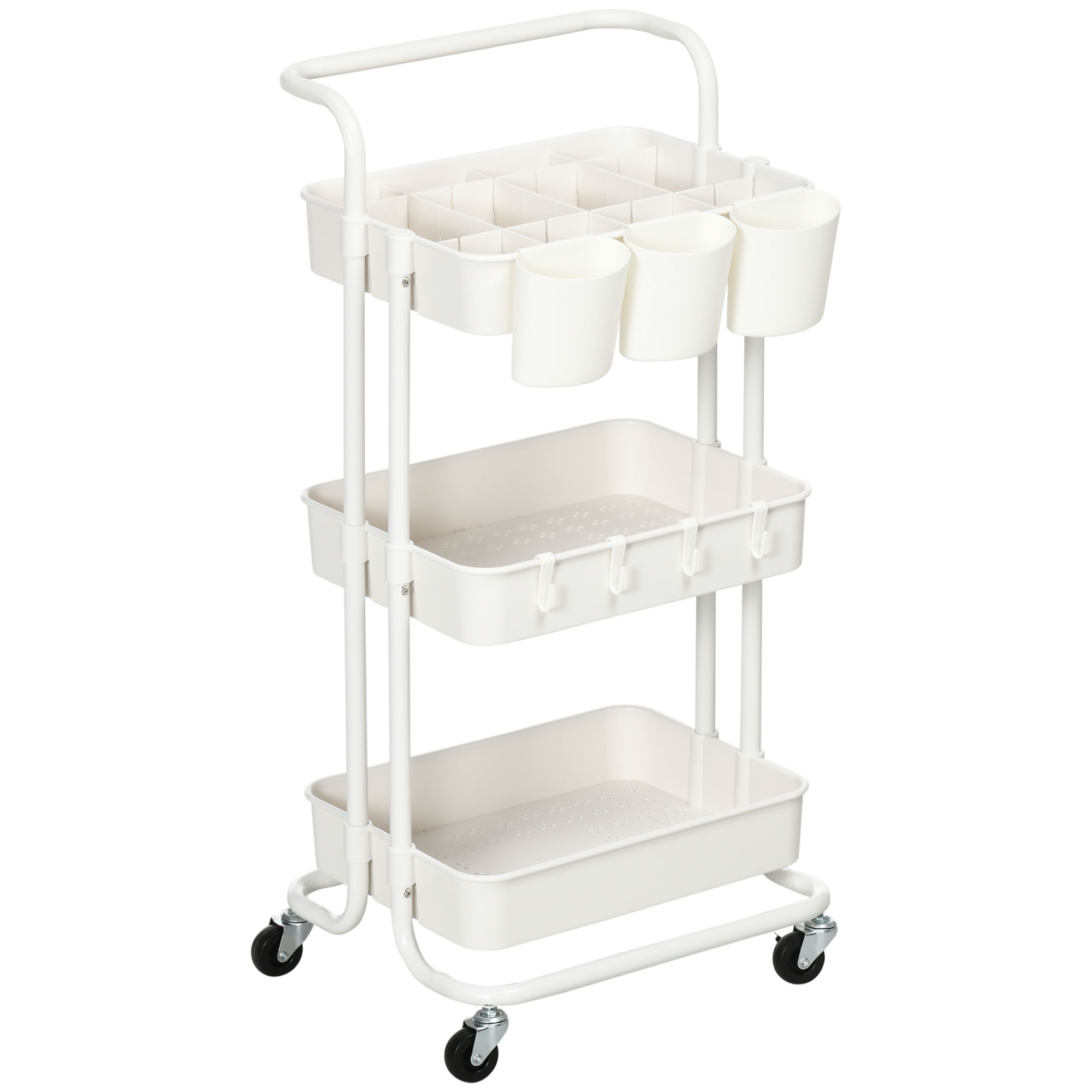 HOMCOM Rollwagen, Servierwagen, 3 Ablagekörbe, 3 Hängeboxen, 4 Haken, Metallrahmen, 42 x 38 x 86,5cm, Weiß