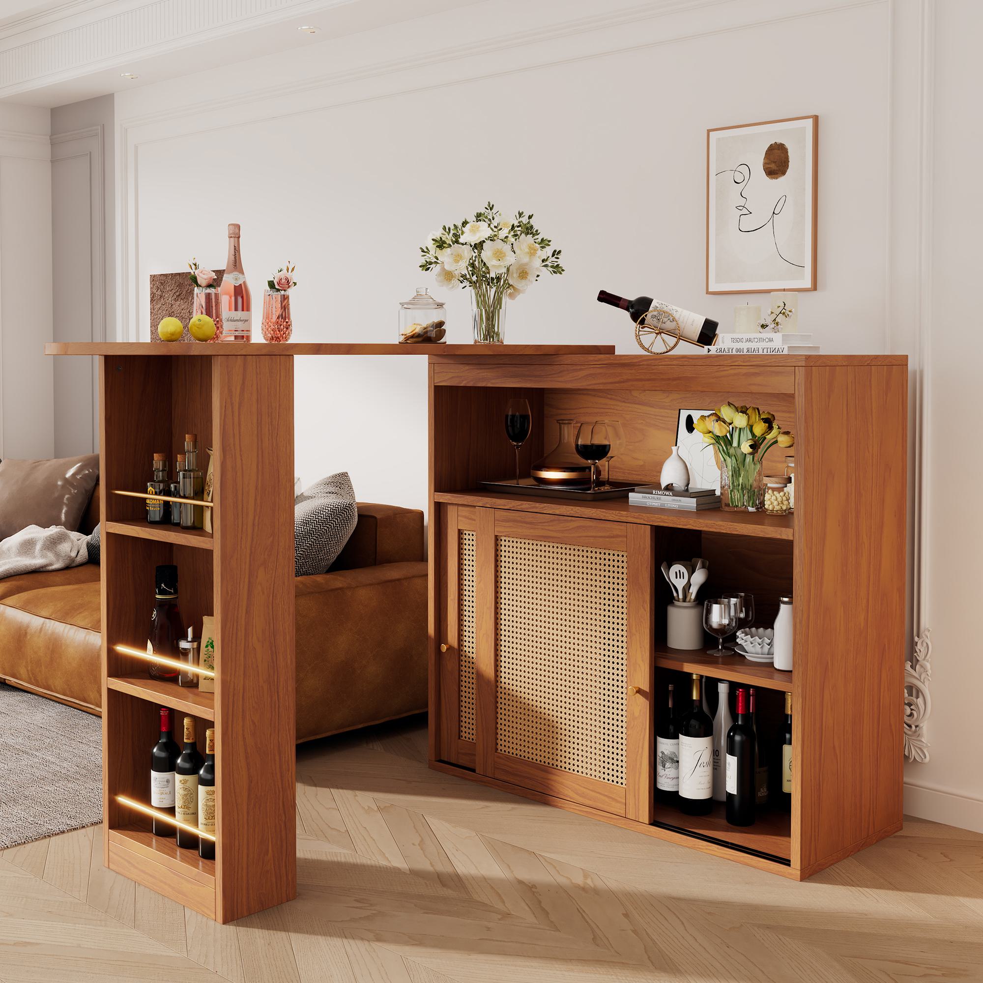 Ausziehbarer Bartisch mit Stauraum, Rattangeflecht auf den Türfronten, verstellbare Ablagen, 138-193×39×104cm, Braun