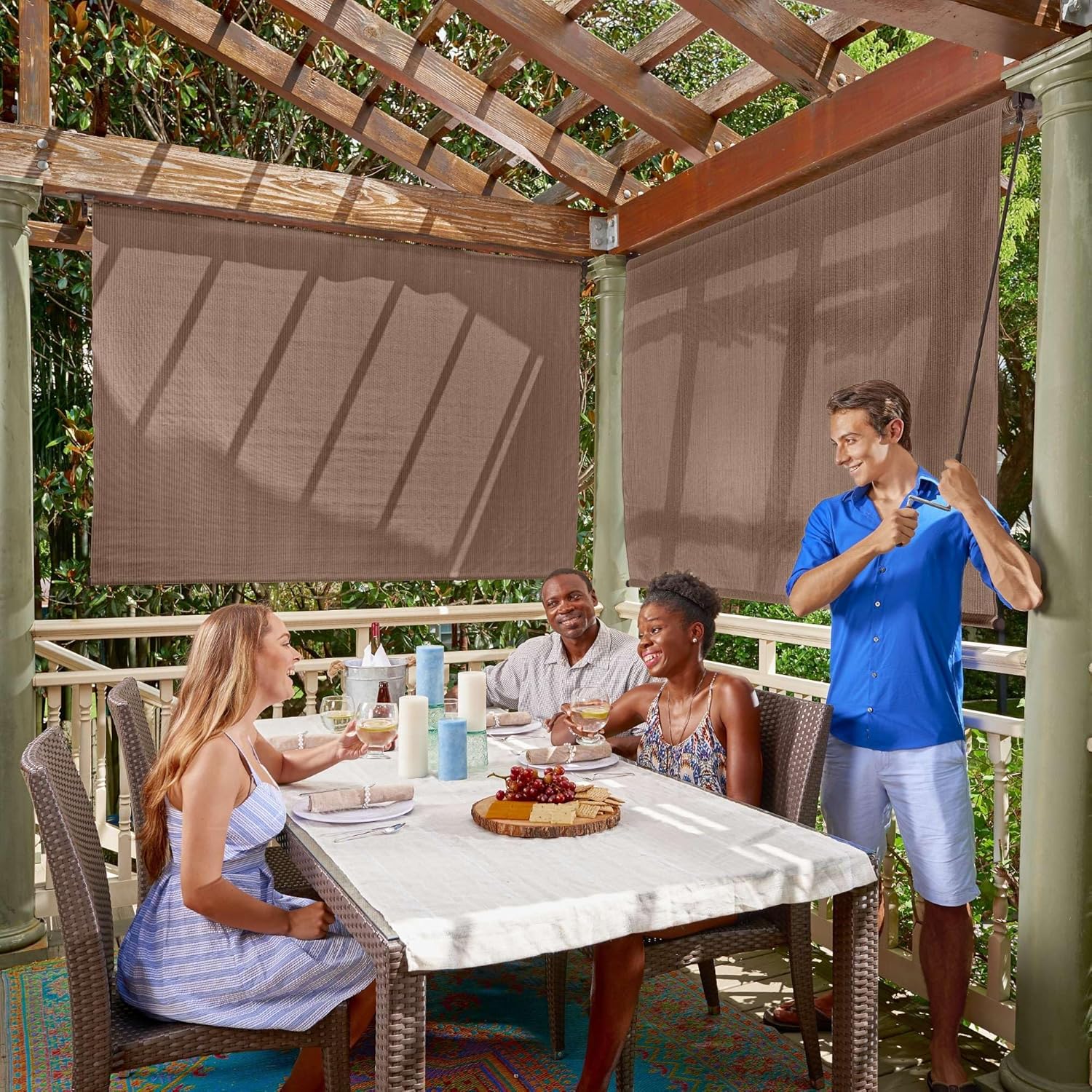 Coolaroo Outdoor Roller Shade with Wand - 95% UV Block Breathable Light Filtering Shade for Patio or Porch  Fade-Resistant  Easy-Clean Fabric  10ft x 8ft  Walnut