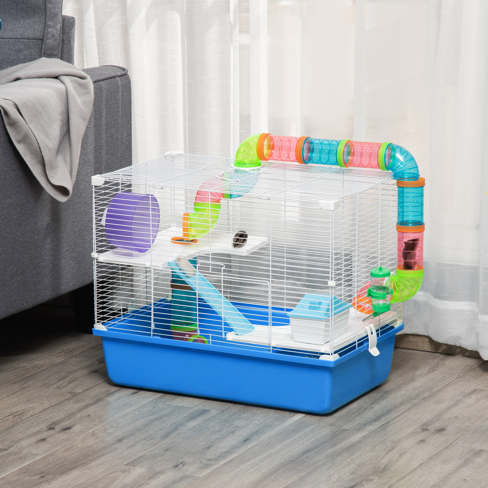PawHut Hamsterkäfig mit Tunnel, Häuschen und Laufrad, 59x36x47cm, Blau und Weiß