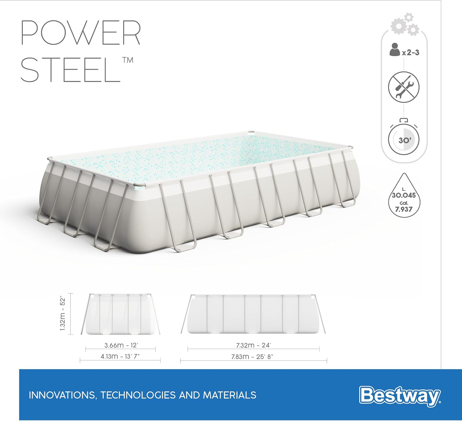 Bestway Power Steel 56474-3 Set oberirdischer Pool, rechteckig, 732 x 366 x 132 cm