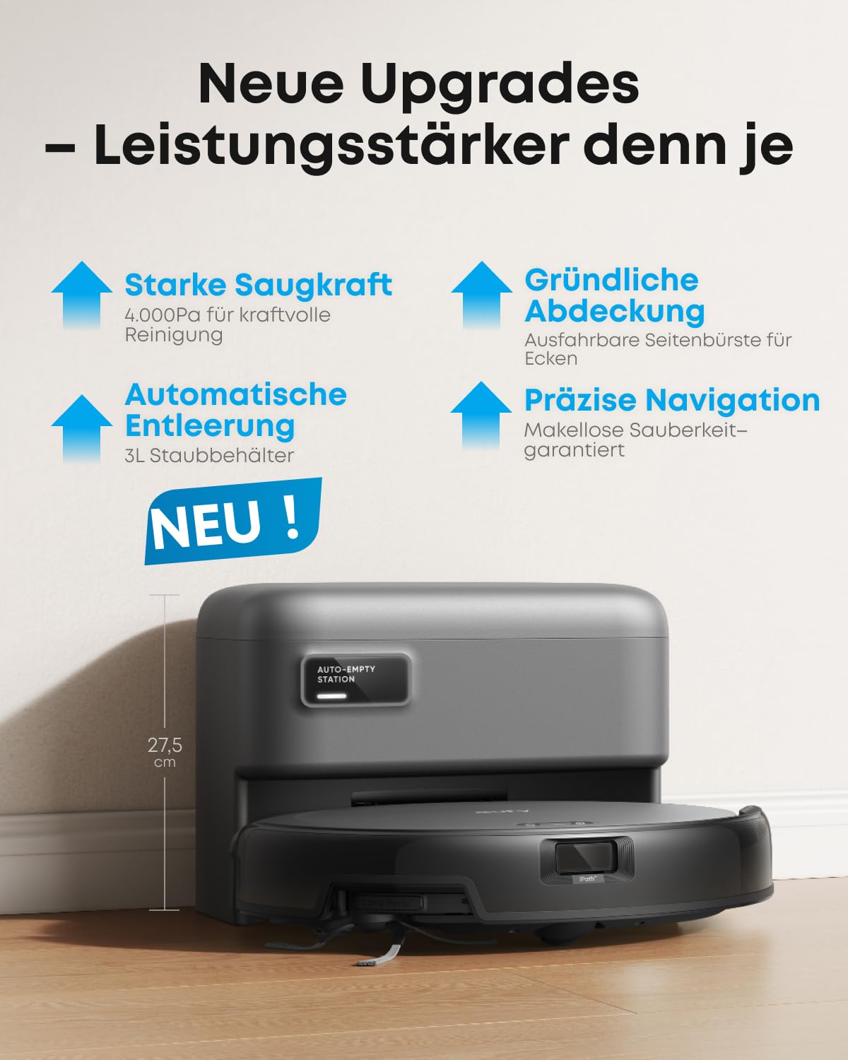Saugroboter mit automatischer Absaugstation, 4000 Pa Saugkraft, 7,2 cm flach, für Tierhaare