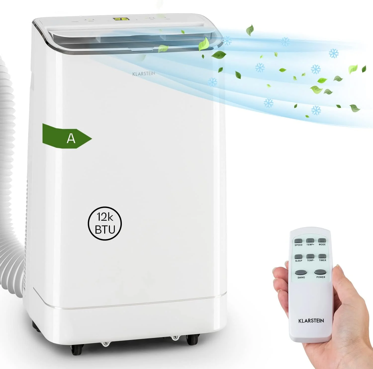 Klarstein Mobiele Airconditioning met Afvoerslang, 3-in-1 Airco met Ventilator, Luchtontvochtiger & Nachtmodus, Kleine & Draagbare Airco voor Thuis & Kantoor, 12000 BTU Laag Verbruik