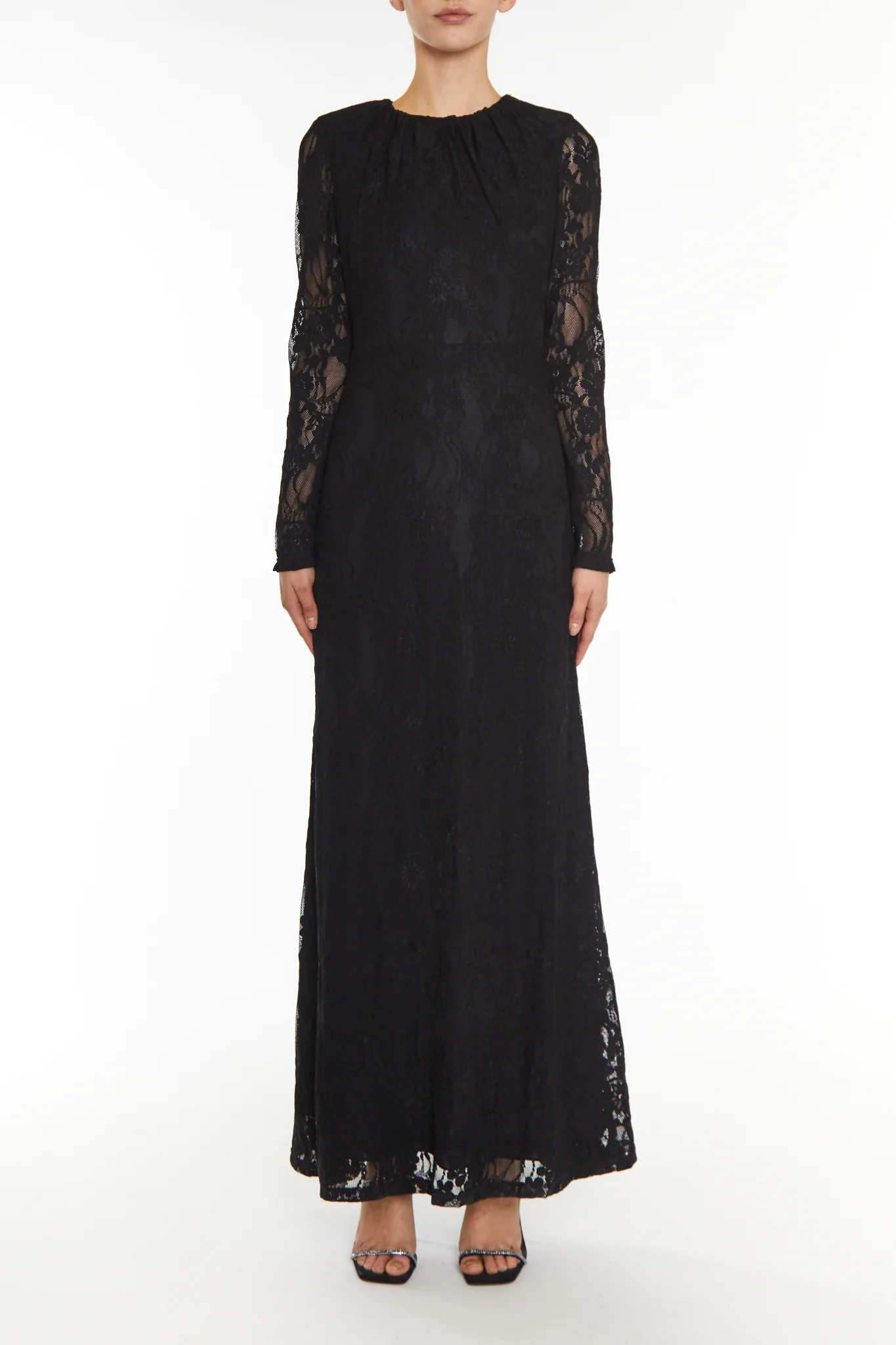 Siena Black Lace High Gathered Neck Maxi-Dress