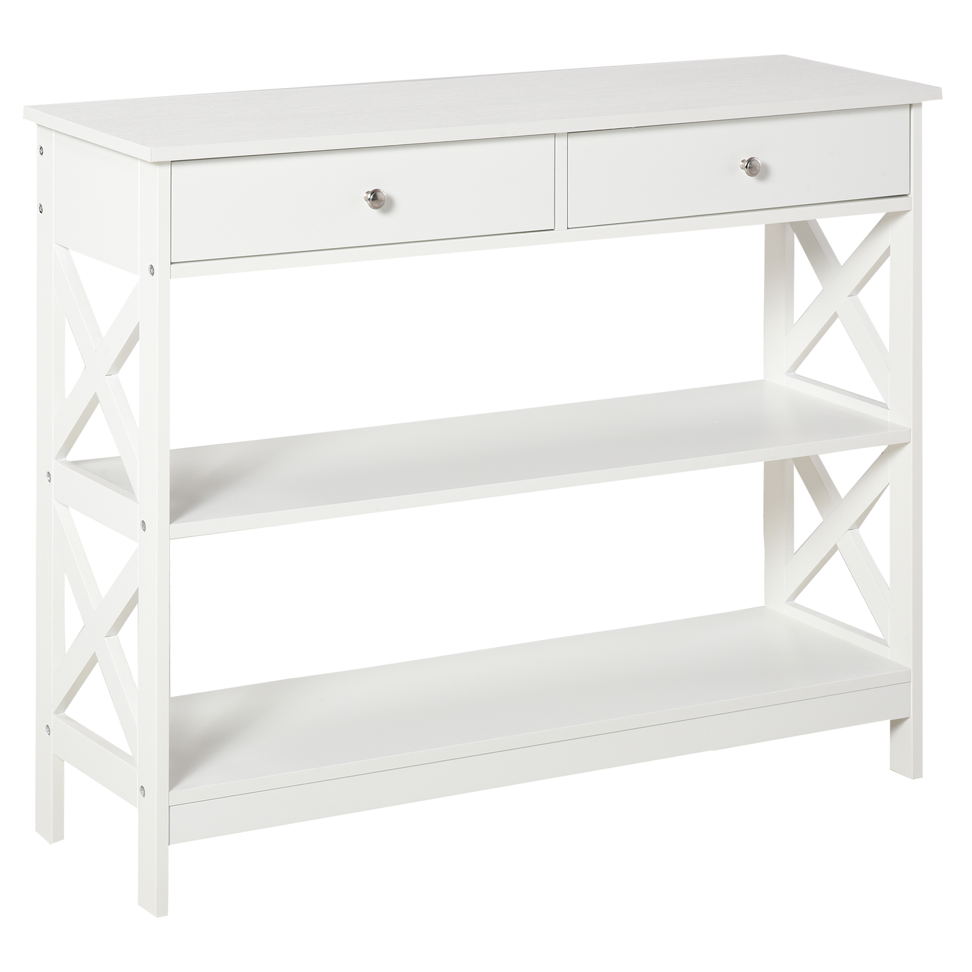 HOMCOM Konsolentisch Beistelltisch mit Schublade und 2-stufigen Ablagefächern MDF-Platte und X-Rahmen Anti-Kipp-Design für Wohnzimmer und Eingangsbereich Weiß 100 x 30,5 x 80 cm
