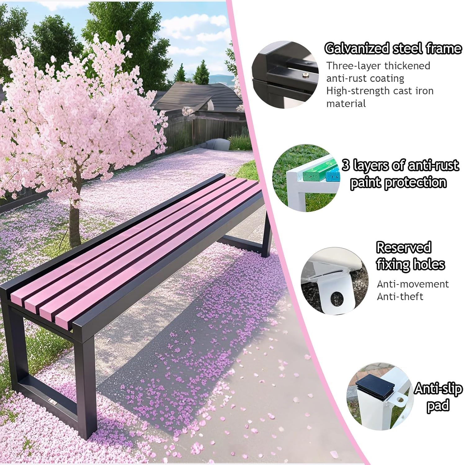 Metal Garden Bench, Backless Patio Benches, Outdoor Patio Benches, Weatherproof Metal Frame and Solid Wood Seat Length 150cm